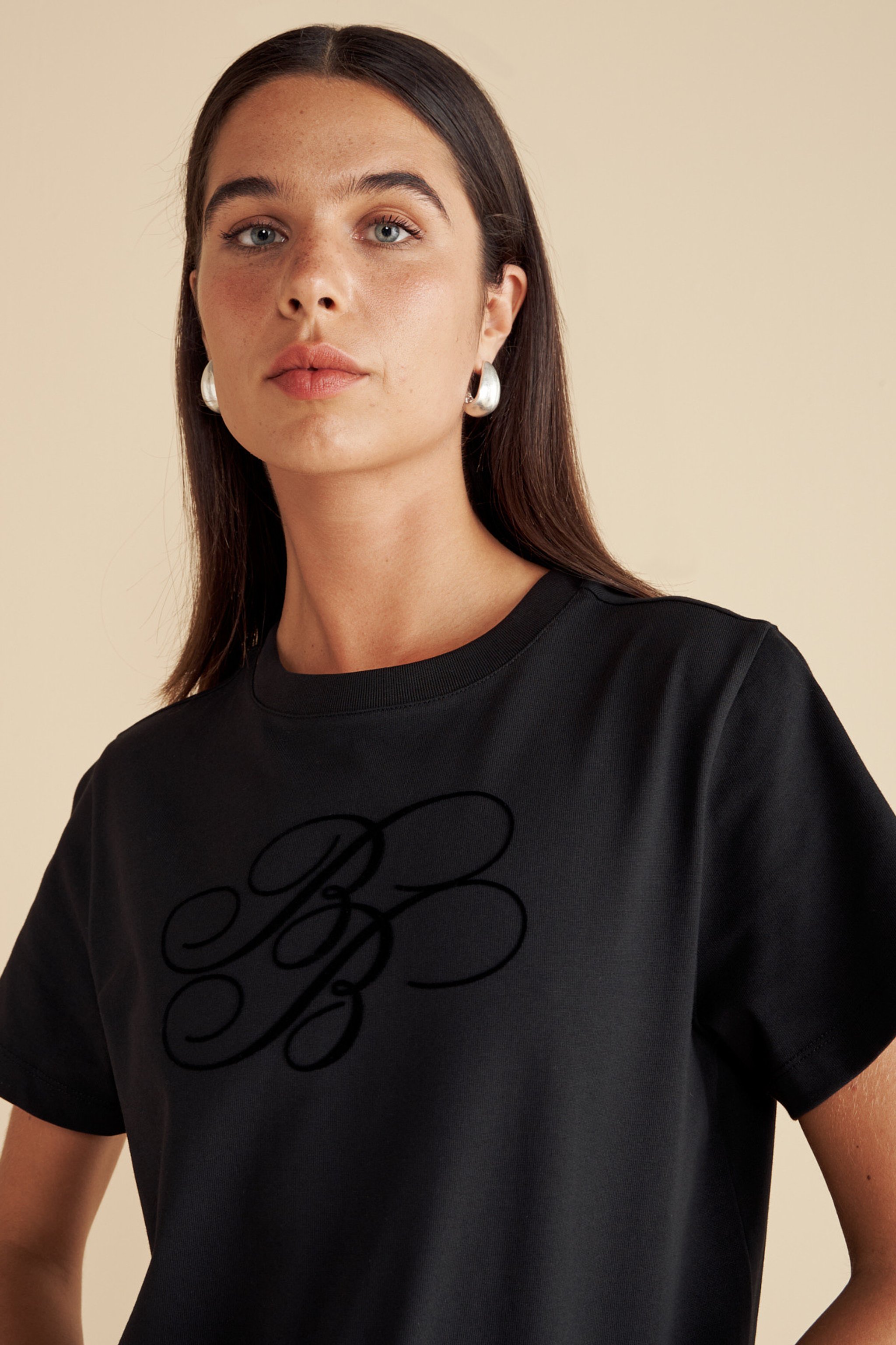 %100 Pamuk  Bisiklet Yaka Flok Baskılı T-shirt - Siyah (görsel 4)