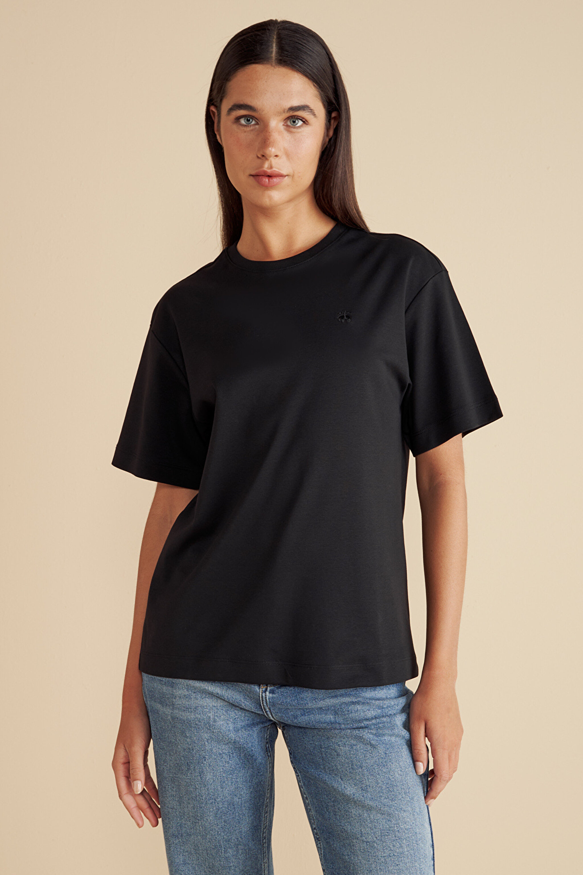 %100 Pamuk  Bisiklet Yaka Oversize Tişört - Siyah