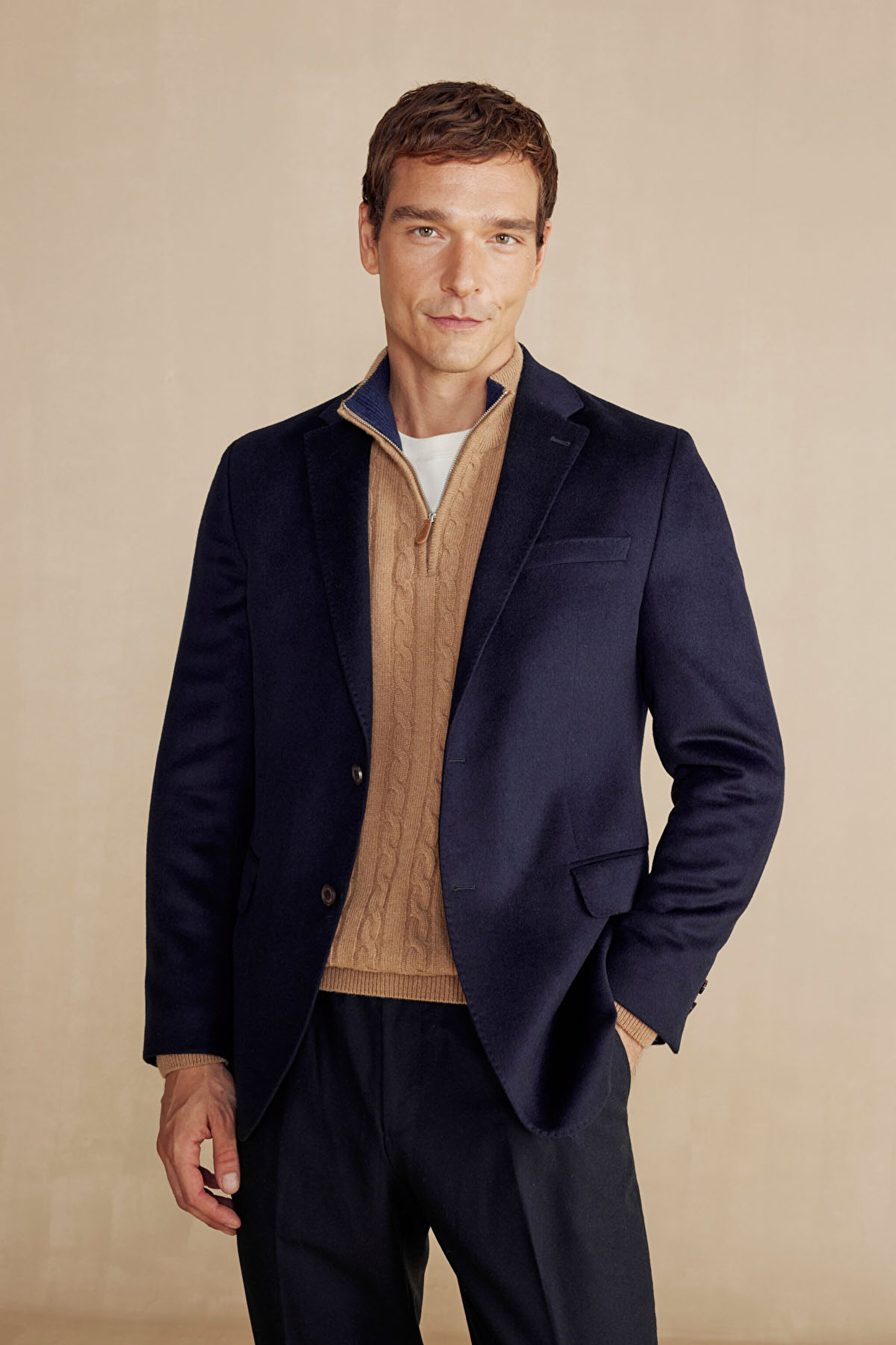 Mono Yaka Slim Fit Kapak Cep Kaşmir Yün Karışımlı Ceket - Lacivert