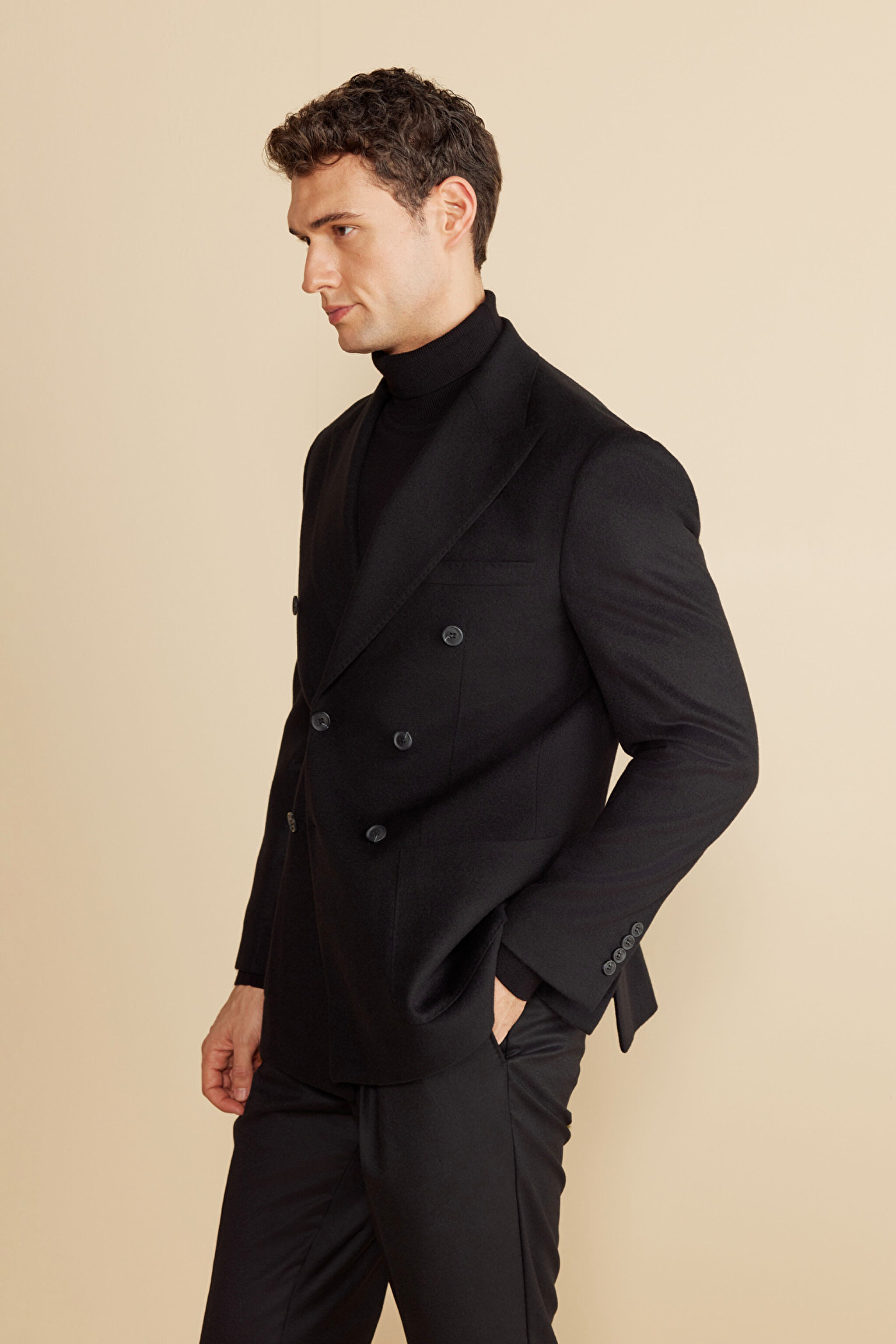 Sivri Yaka Kruvaze Torba Cep Slim Fit Kaşmir Yün Karışımlı Ceket - Siyah (görsel 2)