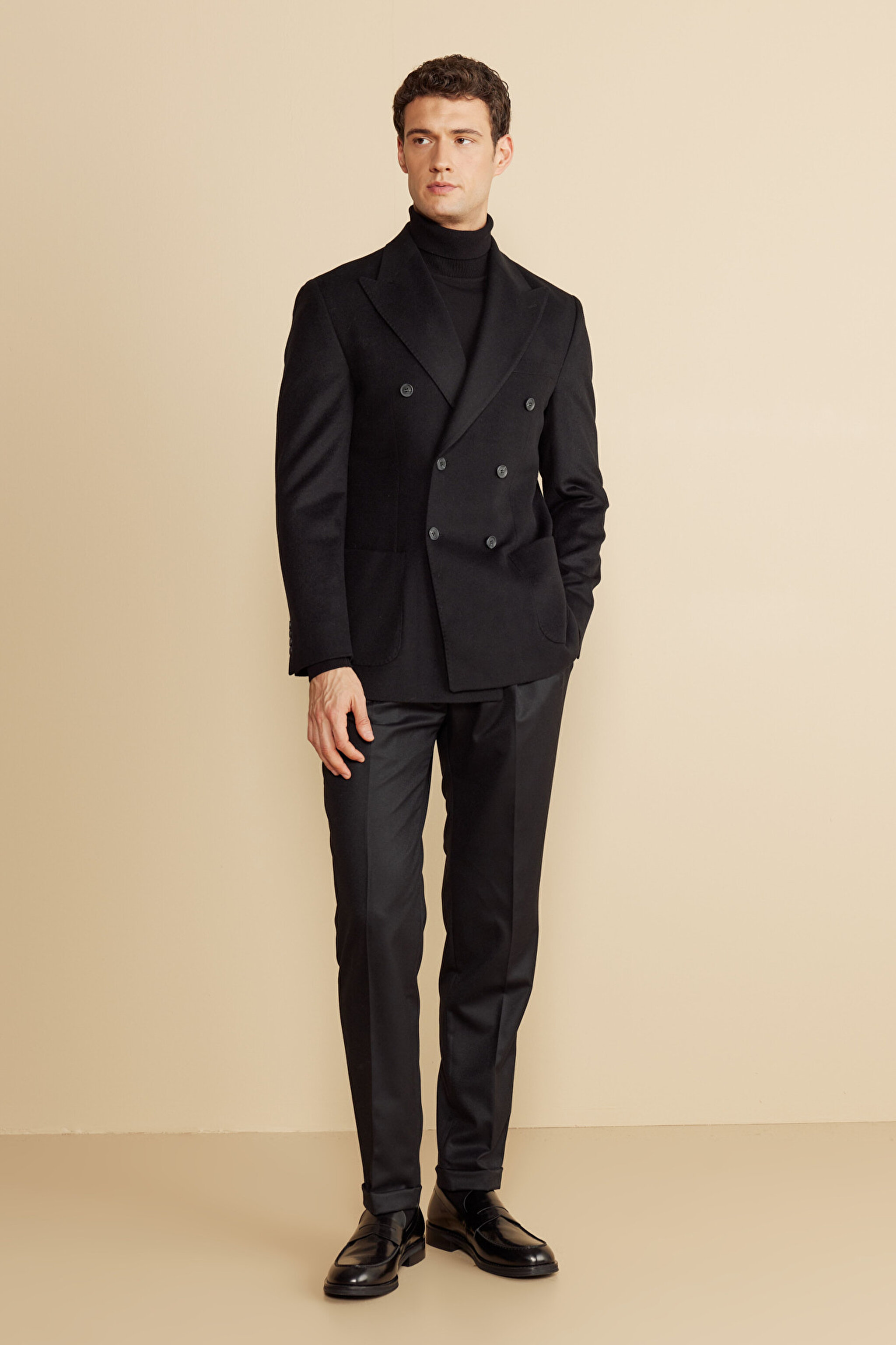 Sivri Yaka Kruvaze Torba Cep Slim Fit Kaşmir Yün Karışımlı Ceket - Siyah (görsel 3)