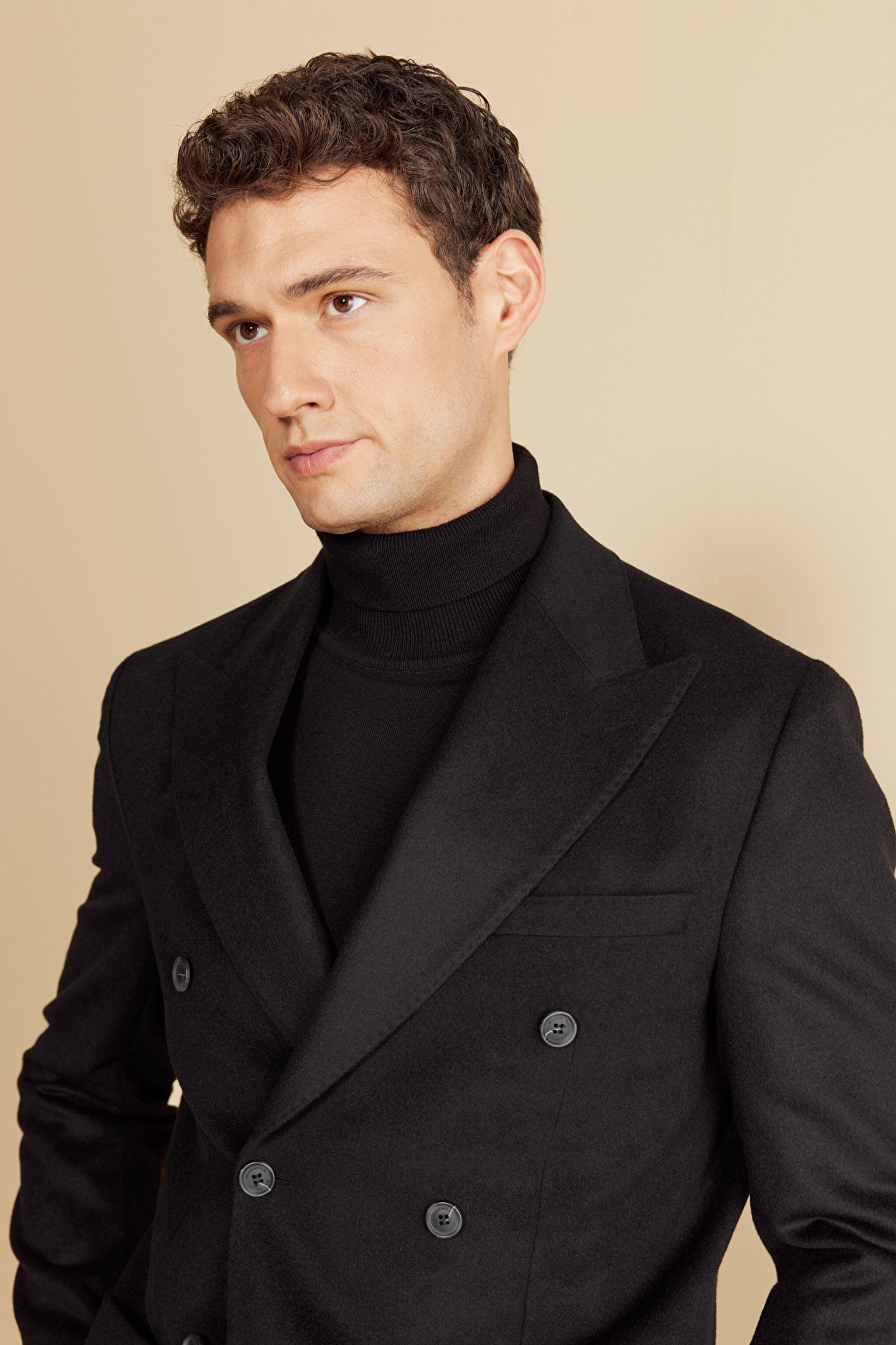 Sivri Yaka Kruvaze Torba Cep Slim Fit Kaşmir Yün Karışımlı Ceket - Siyah (görsel 4)