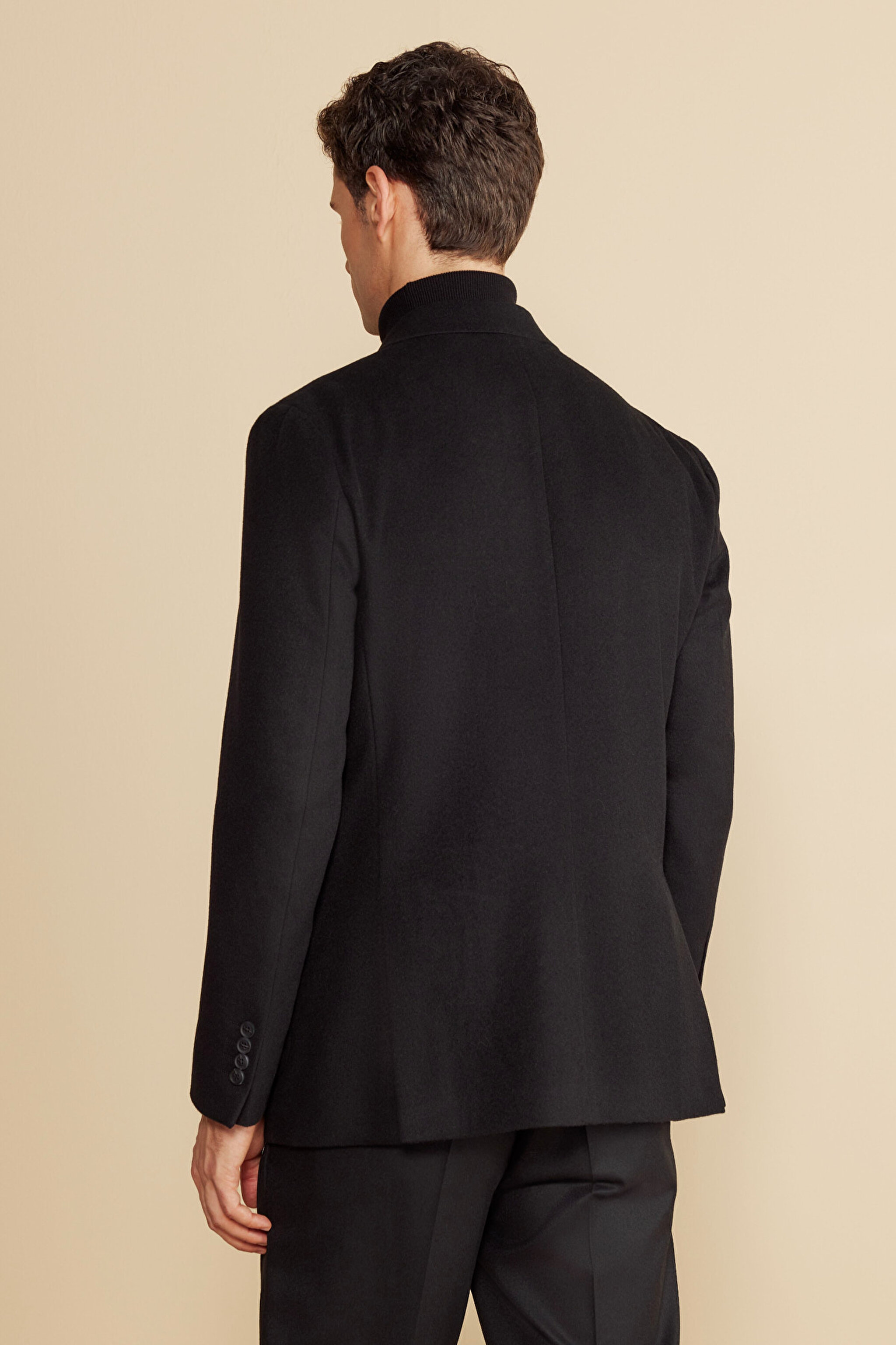 Sivri Yaka Kruvaze Torba Cep Slim Fit Kaşmir Yün Karışımlı Ceket - Siyah (görsel 5)