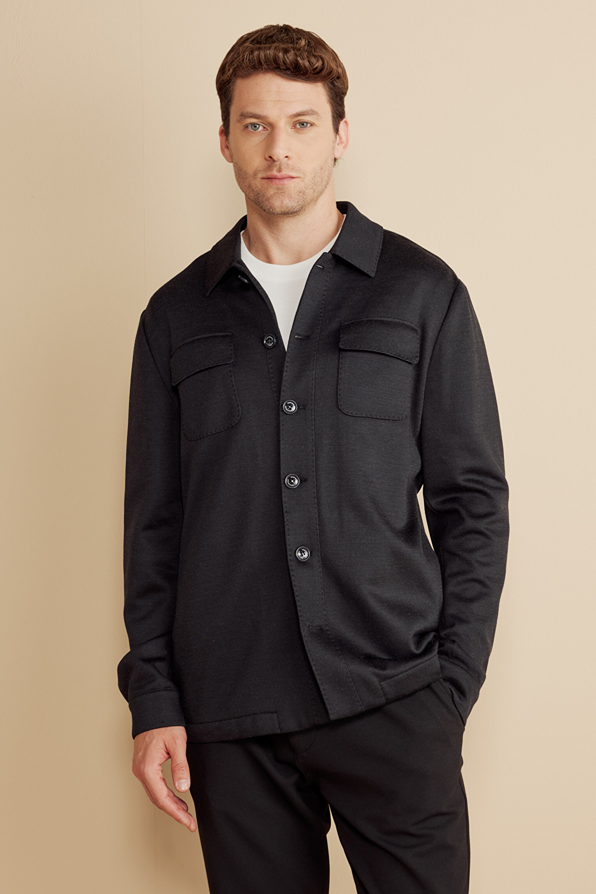 Pamuk Karışımlı Klasik Yaka Kapak Cep Örme Overshirt - Siyah