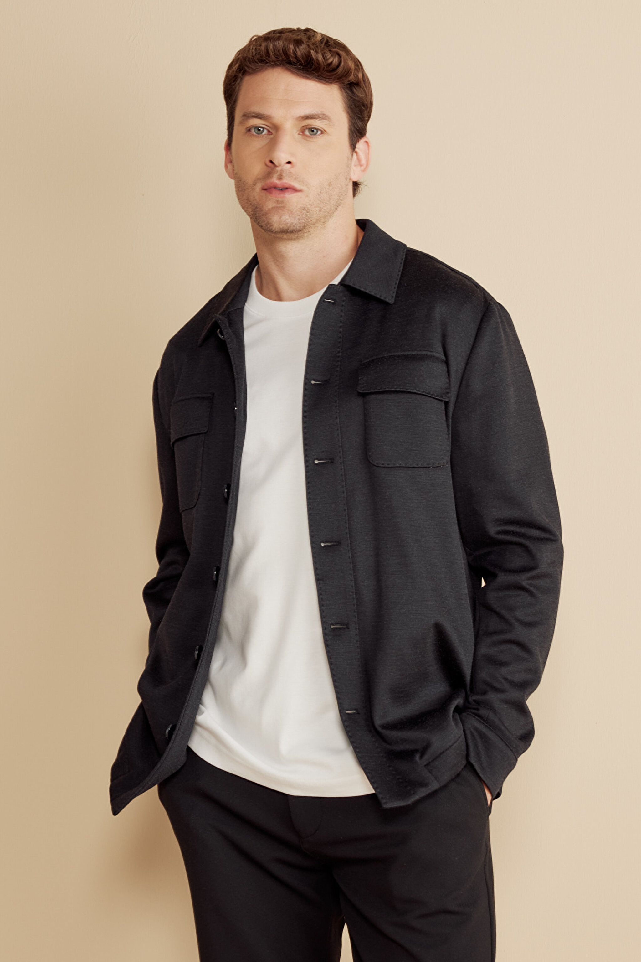 Pamuk Karışımlı Klasik Yaka Kapak Cep Örme Overshirt - Siyah (görsel 2)