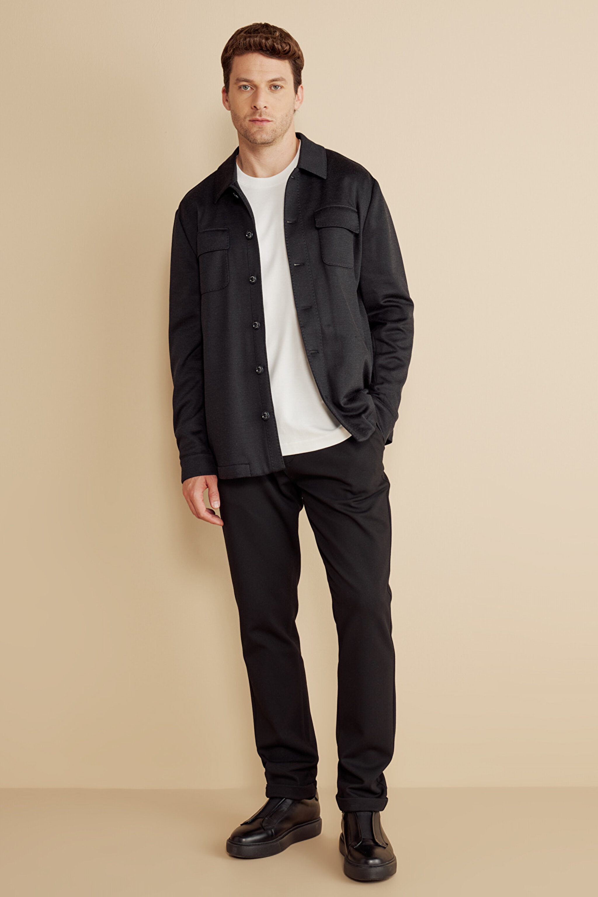 Pamuk Karışımlı Klasik Yaka Kapak Cep Örme Overshirt - Siyah (görsel 3)