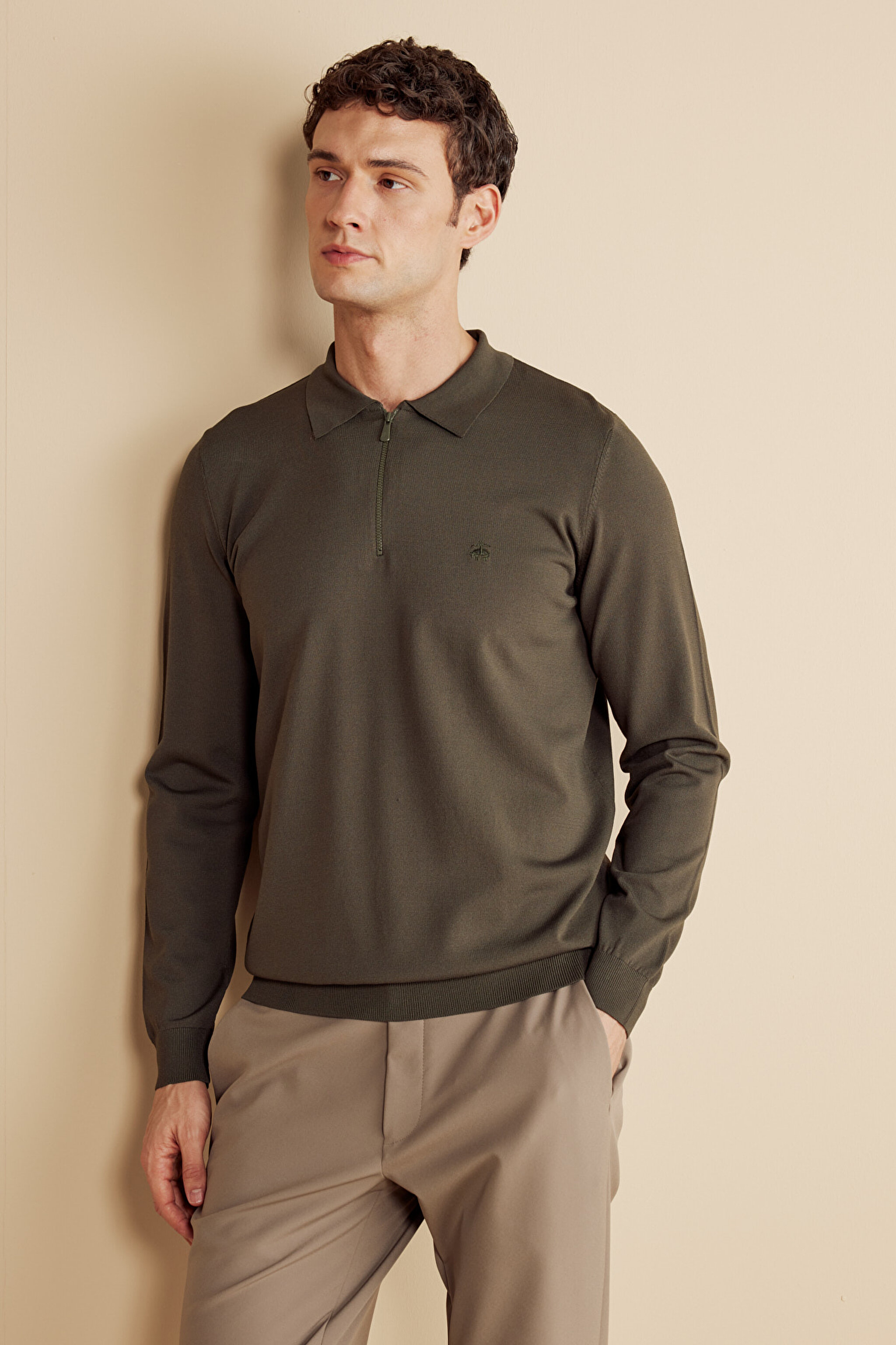 Polo Yaka Fermuarlı Uzun Kollu Rayon Kazak - Haki (görsel 2)