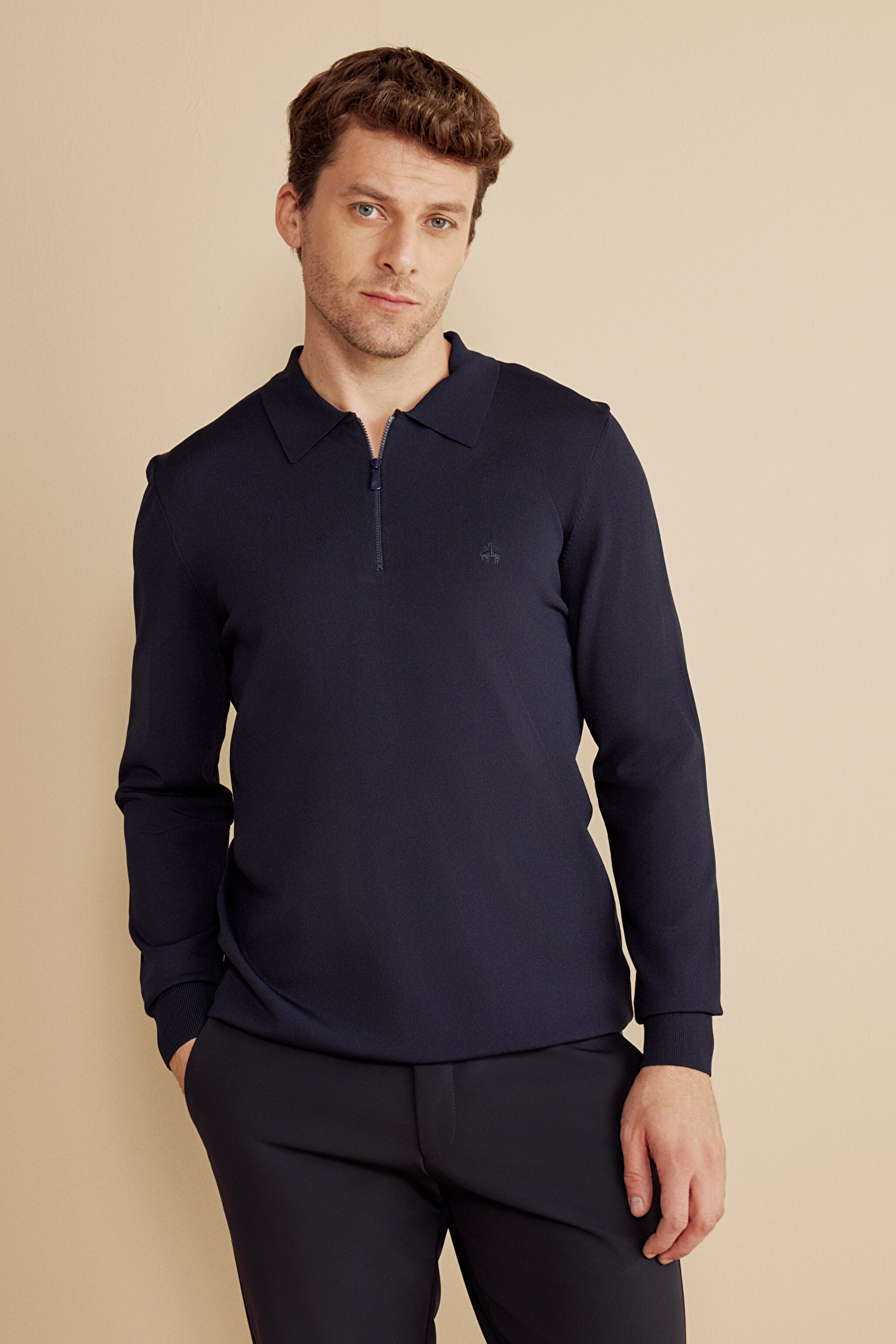 Polo Yaka Fermuarlı Uzun Kollu Rayon Kazak - Lacivert