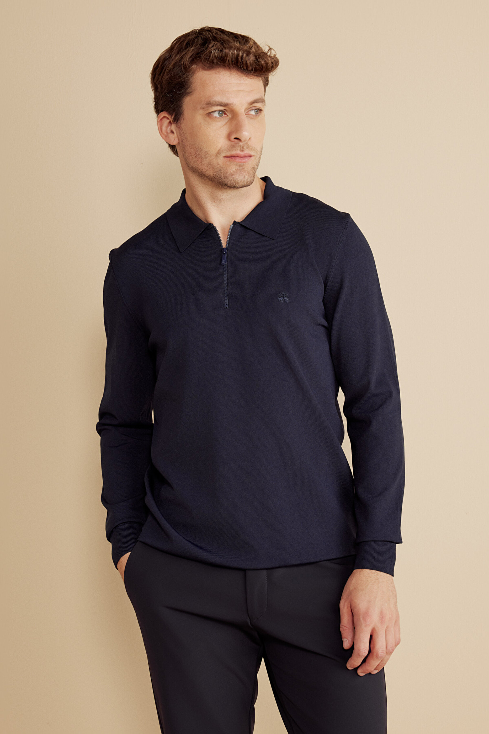 Polo Yaka Fermuarlı Uzun Kollu Rayon Kazak - Lacivert (görsel 2)