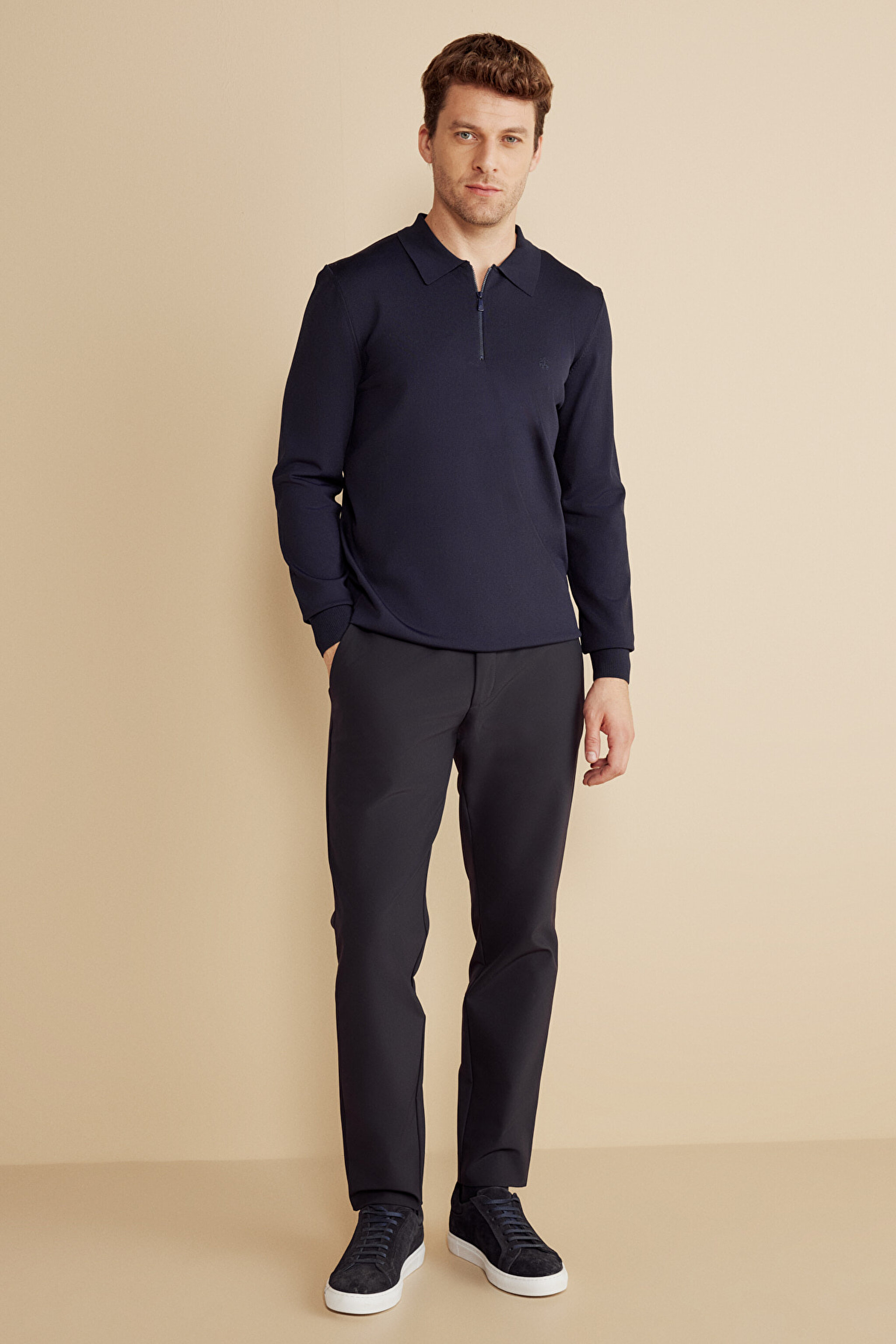 Polo Yaka Fermuarlı Uzun Kollu Rayon Kazak - Lacivert (görsel 3)
