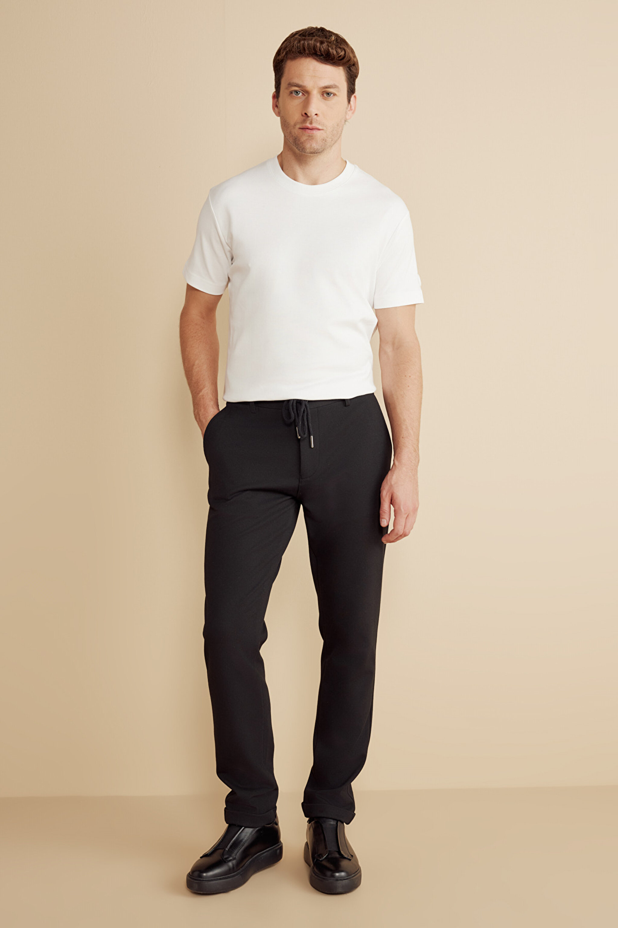 Örme Kordonlu Jogger Pantolon - Siyah