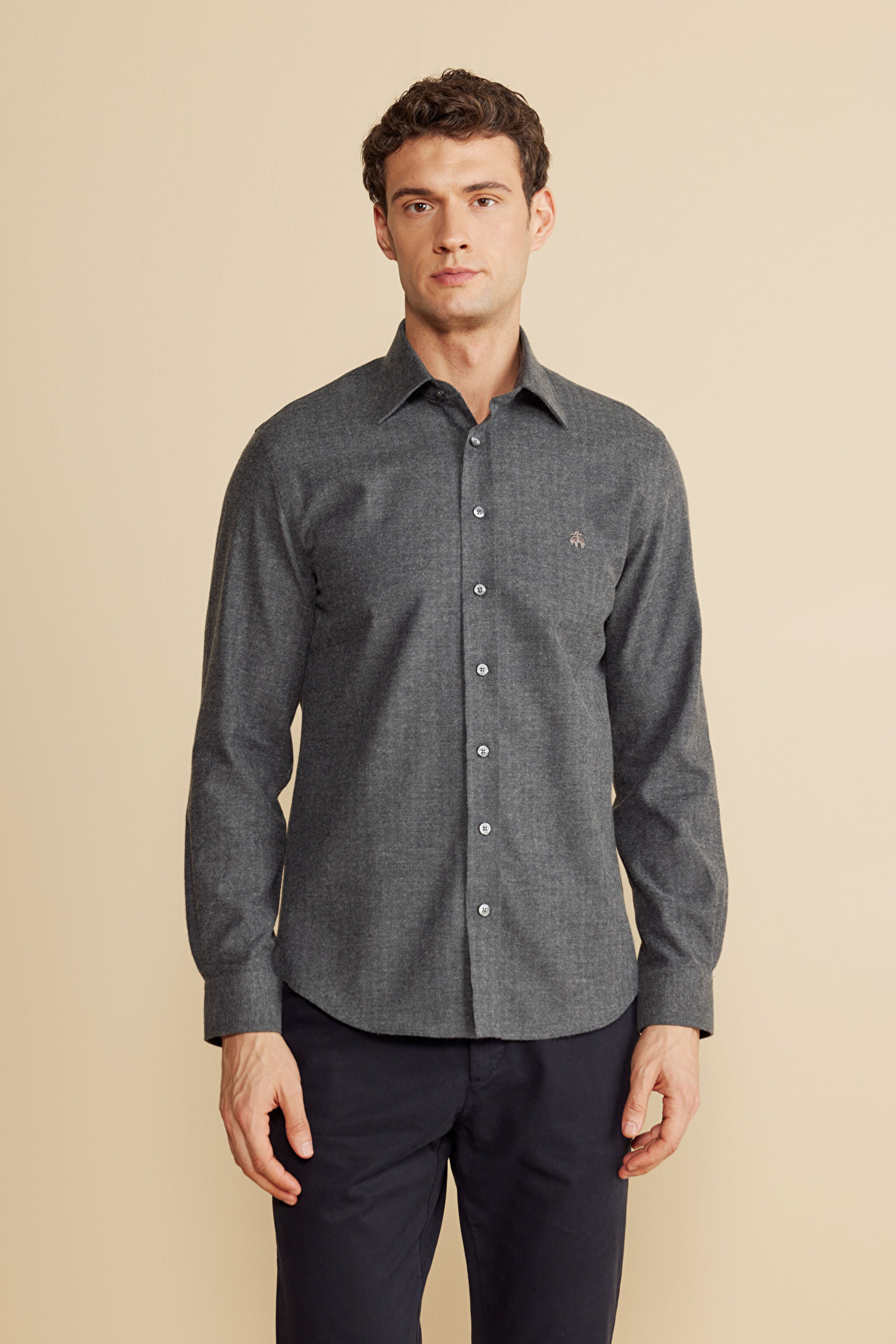 %100  Pamuk Klasik Yaka Slim Fit Balıksırtı Desenli Flannel Gömlek - Antrasit