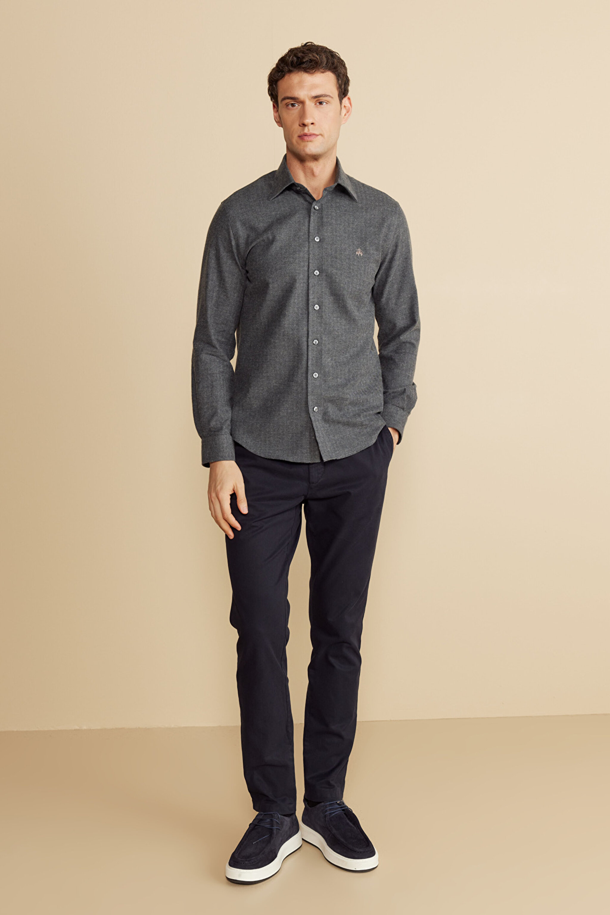 %100  Pamuk Klasik Yaka Slim Fit Balıksırtı Desenli Flannel Gömlek - Antrasit (görsel 3)