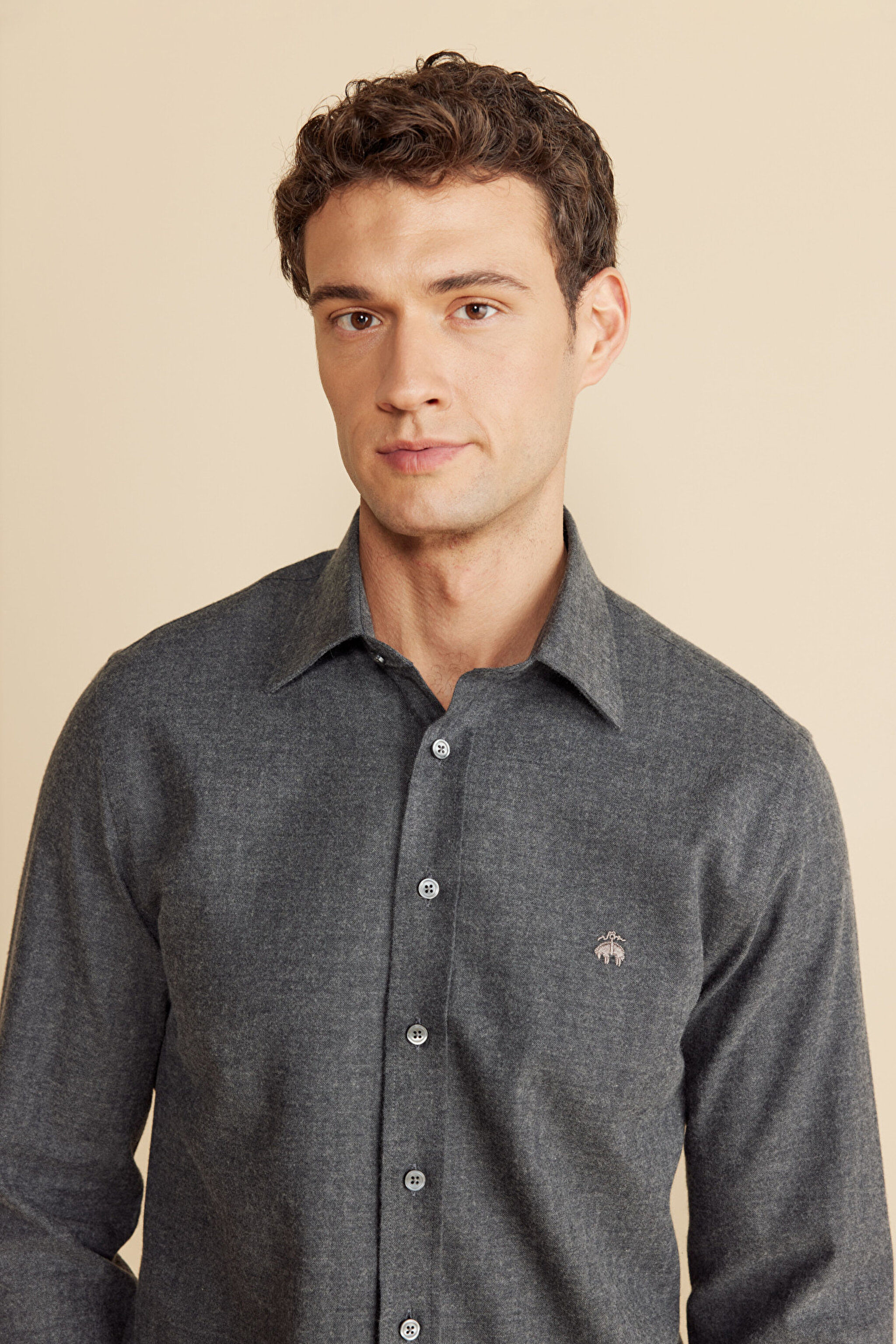 %100  Pamuk Klasik Yaka Slim Fit Balıksırtı Desenli Flannel Gömlek - Antrasit (görsel 4)