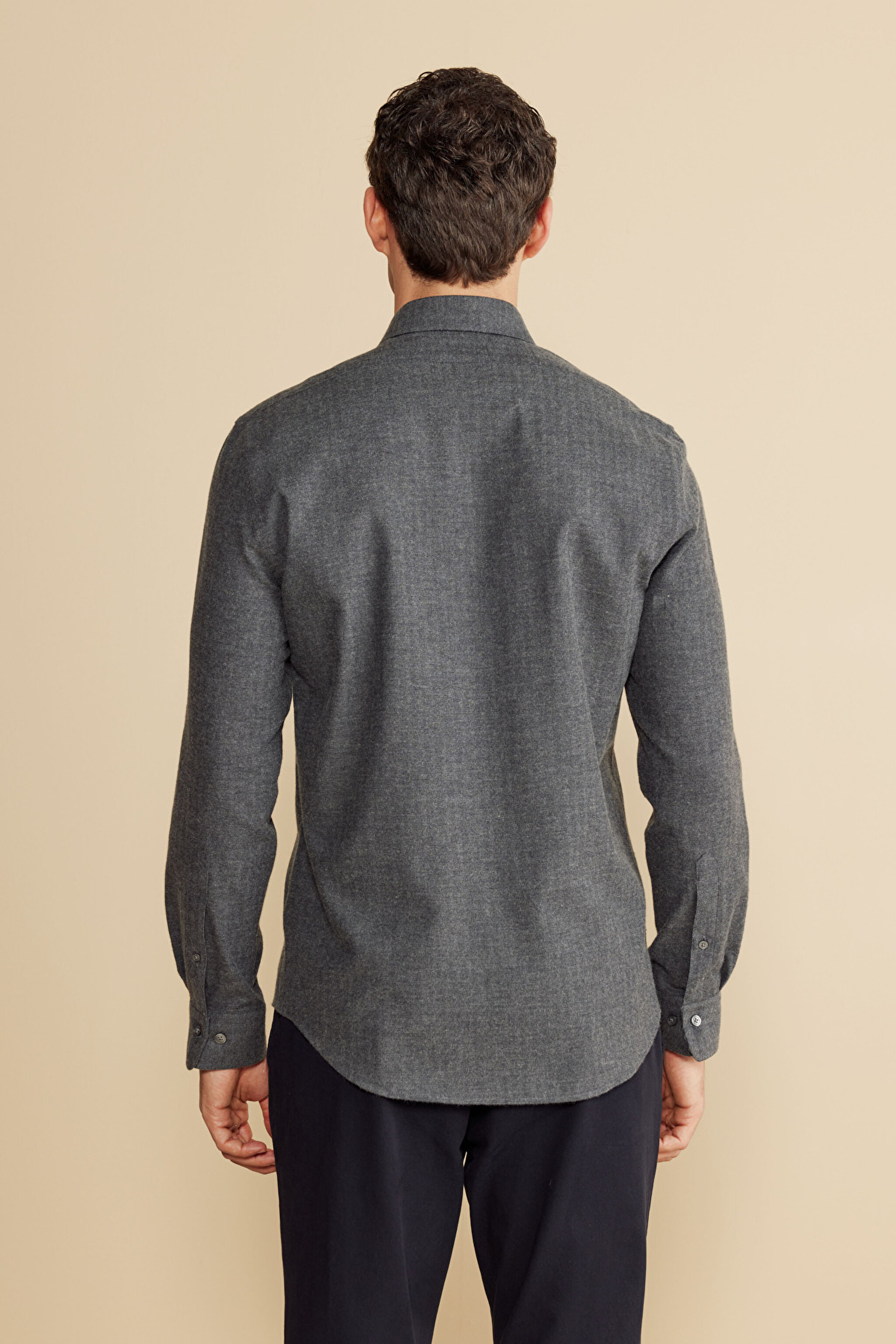 %100  Pamuk Klasik Yaka Slim Fit Balıksırtı Desenli Flannel Gömlek - Antrasit (görsel 5)