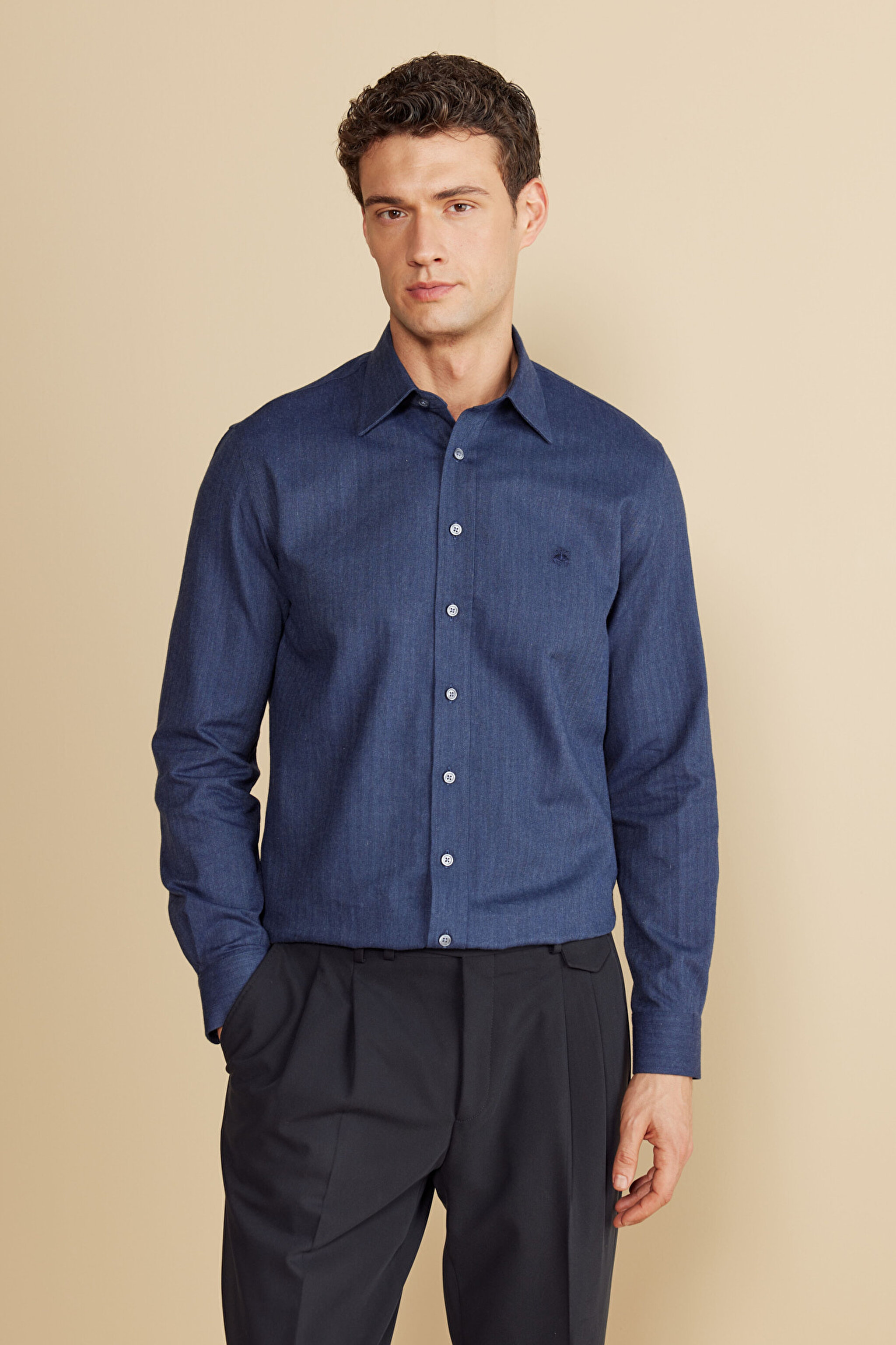 %100  Pamuk Klasik Yaka Slim Fit Balıksırtı Desenli Flannel Gömlek - Lacivert