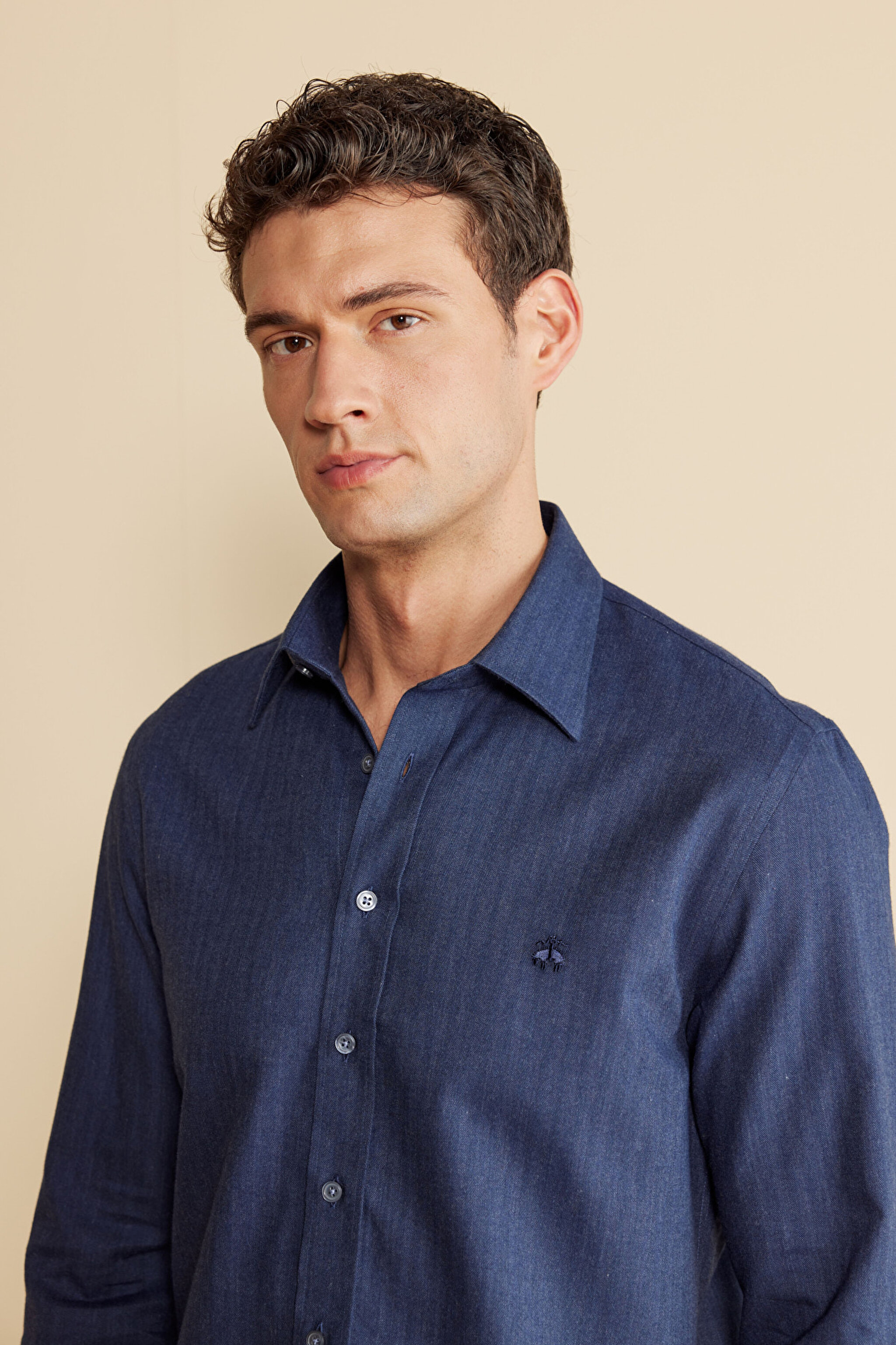 %100  Pamuk Klasik Yaka Slim Fit Balıksırtı Desenli Flannel Gömlek - Lacivert (görsel 4)