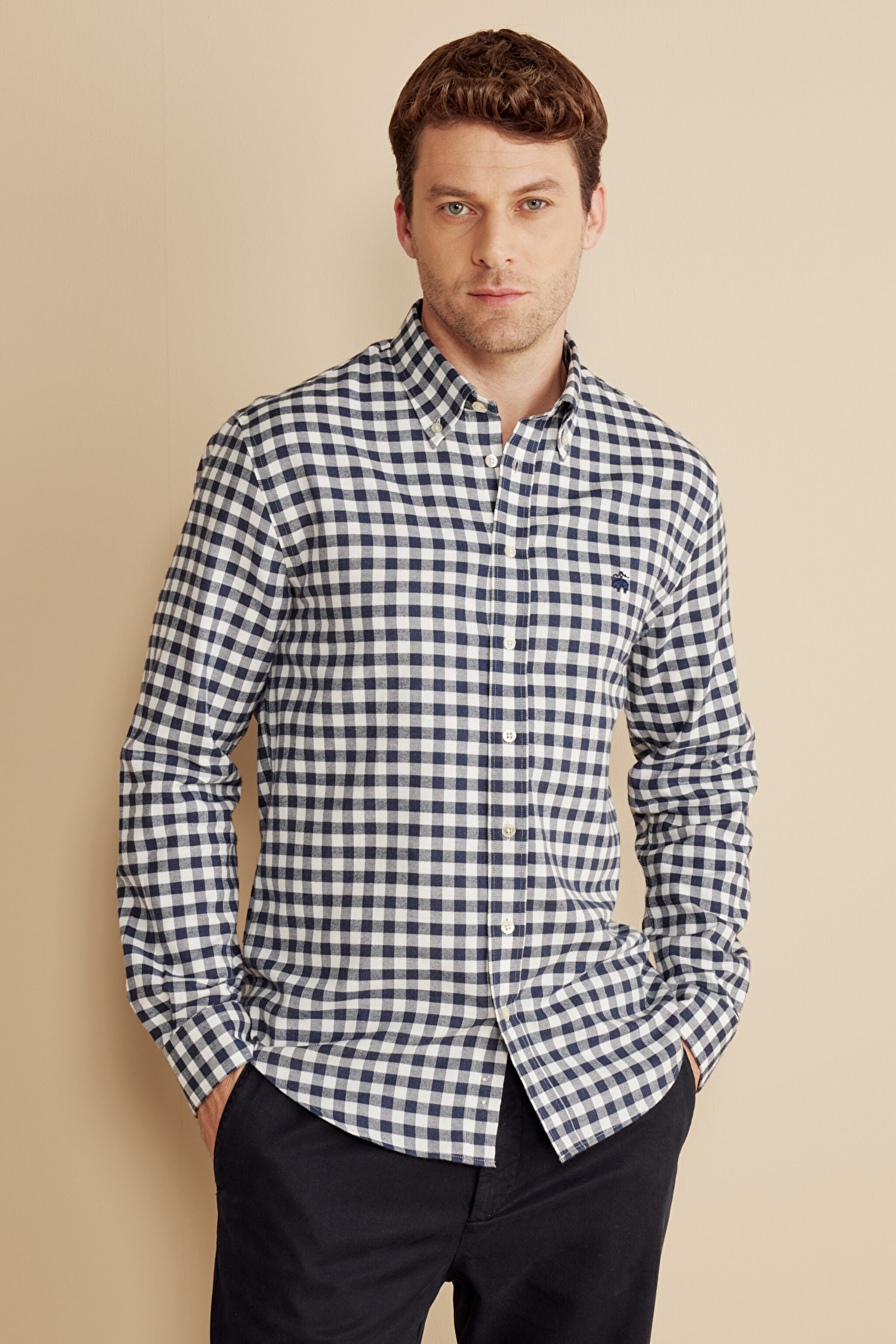 Düğmeli Yaka Slim Fit  Flannel Kareli Gömlek - Lacivert-Beyaz