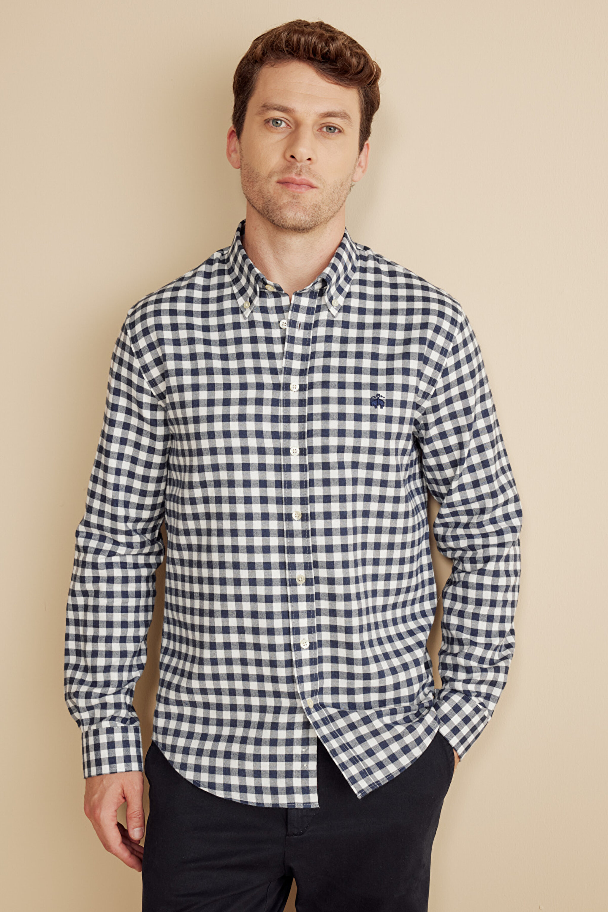 Düğmeli Yaka Slim Fit  Flannel Kareli Gömlek - Lacivert-Beyaz (görsel 2)
