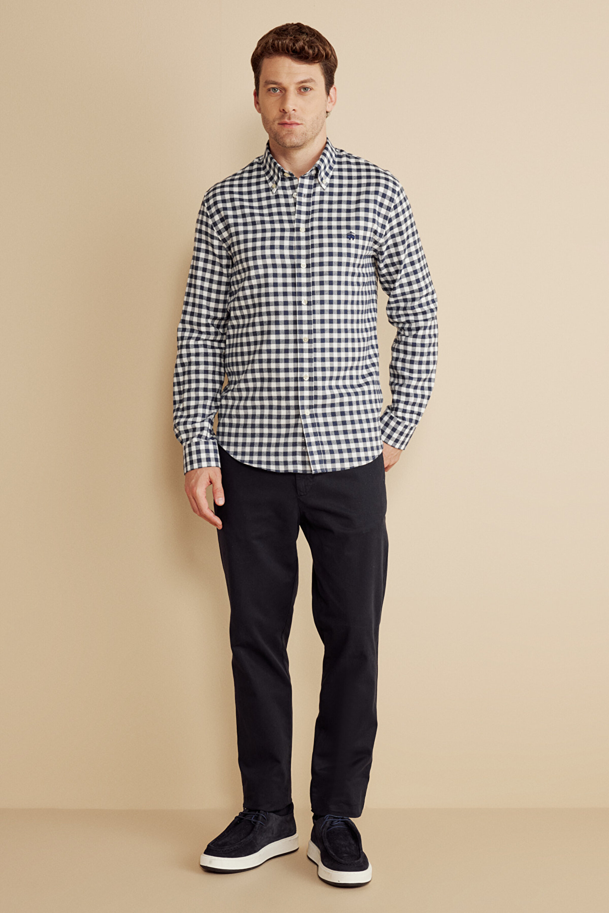 Düğmeli Yaka Slim Fit  Flannel Kareli Gömlek - Lacivert-Beyaz (görsel 3)