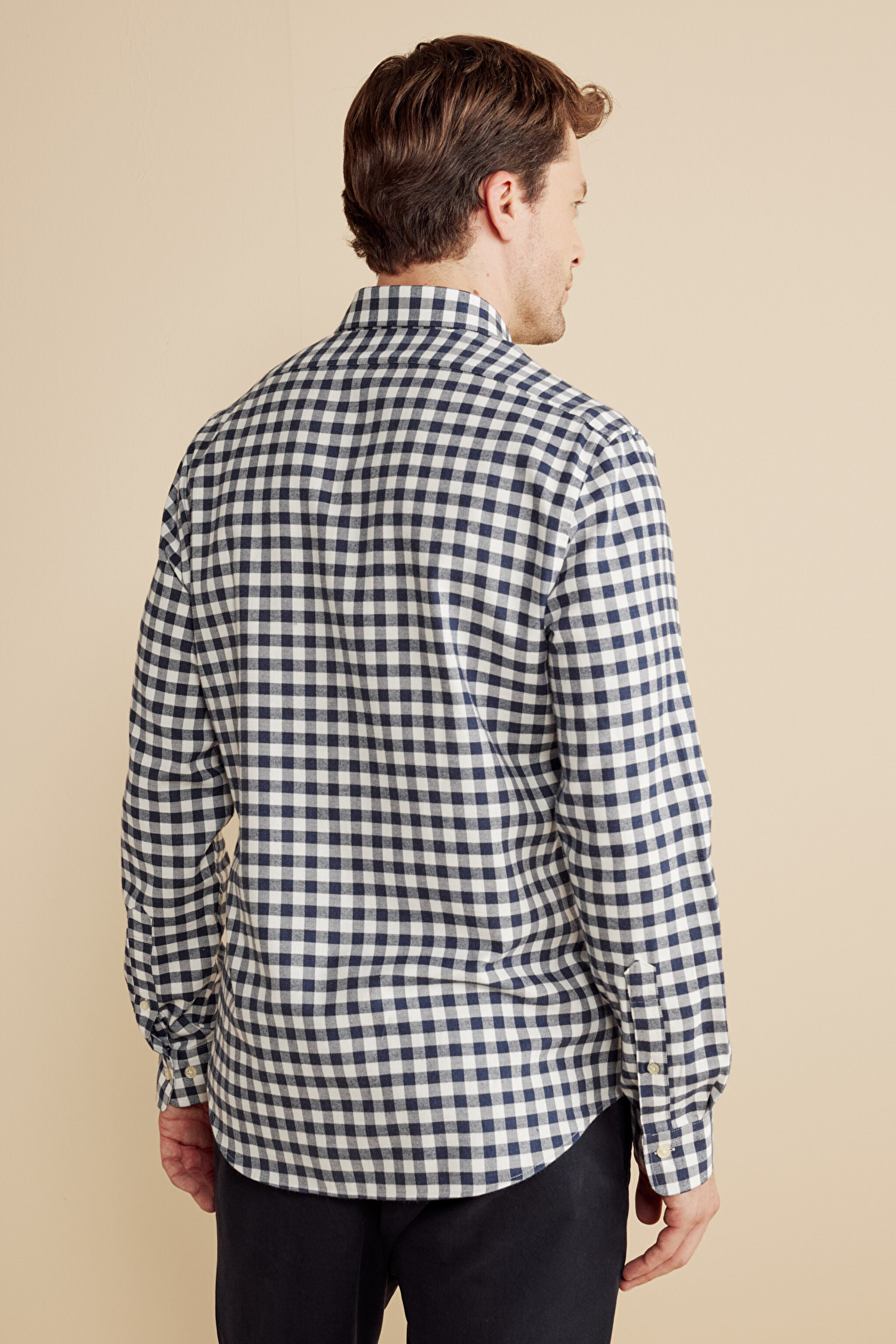Düğmeli Yaka Slim Fit  Flannel Kareli Gömlek - Lacivert-Beyaz (görsel 5)