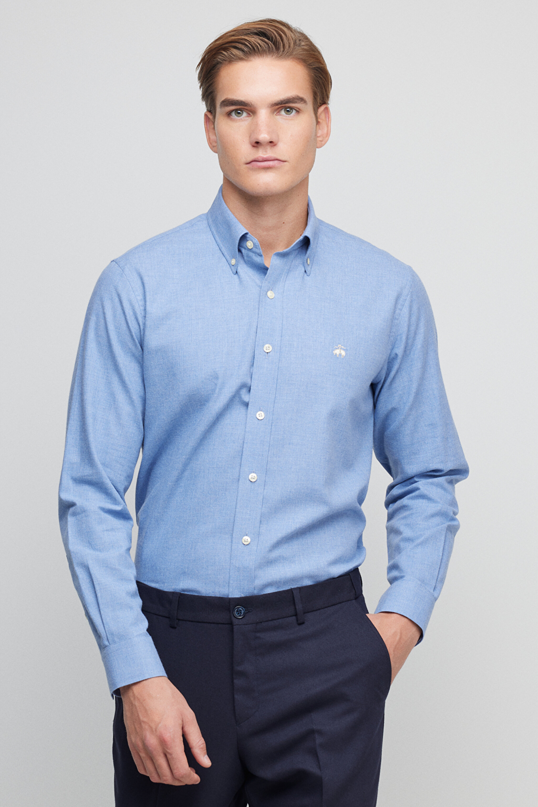 Düğmeli Yaka Regular Fit Flannel Gömlek - Mavi