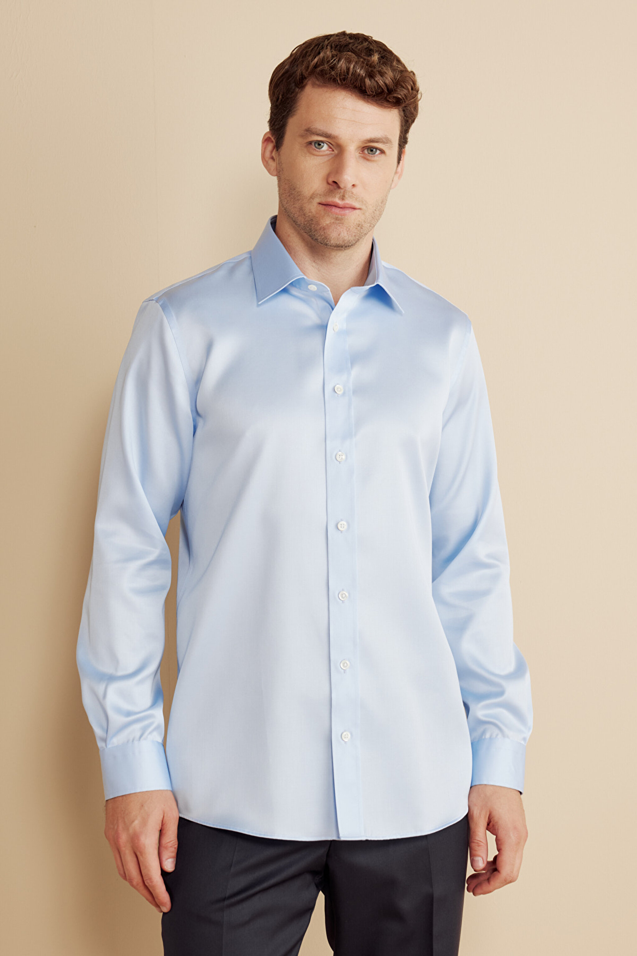 %100 Pamuk  Klasik Yaka Slim Fit Saten Non Iron Gömlek - Mavi (görsel 2)