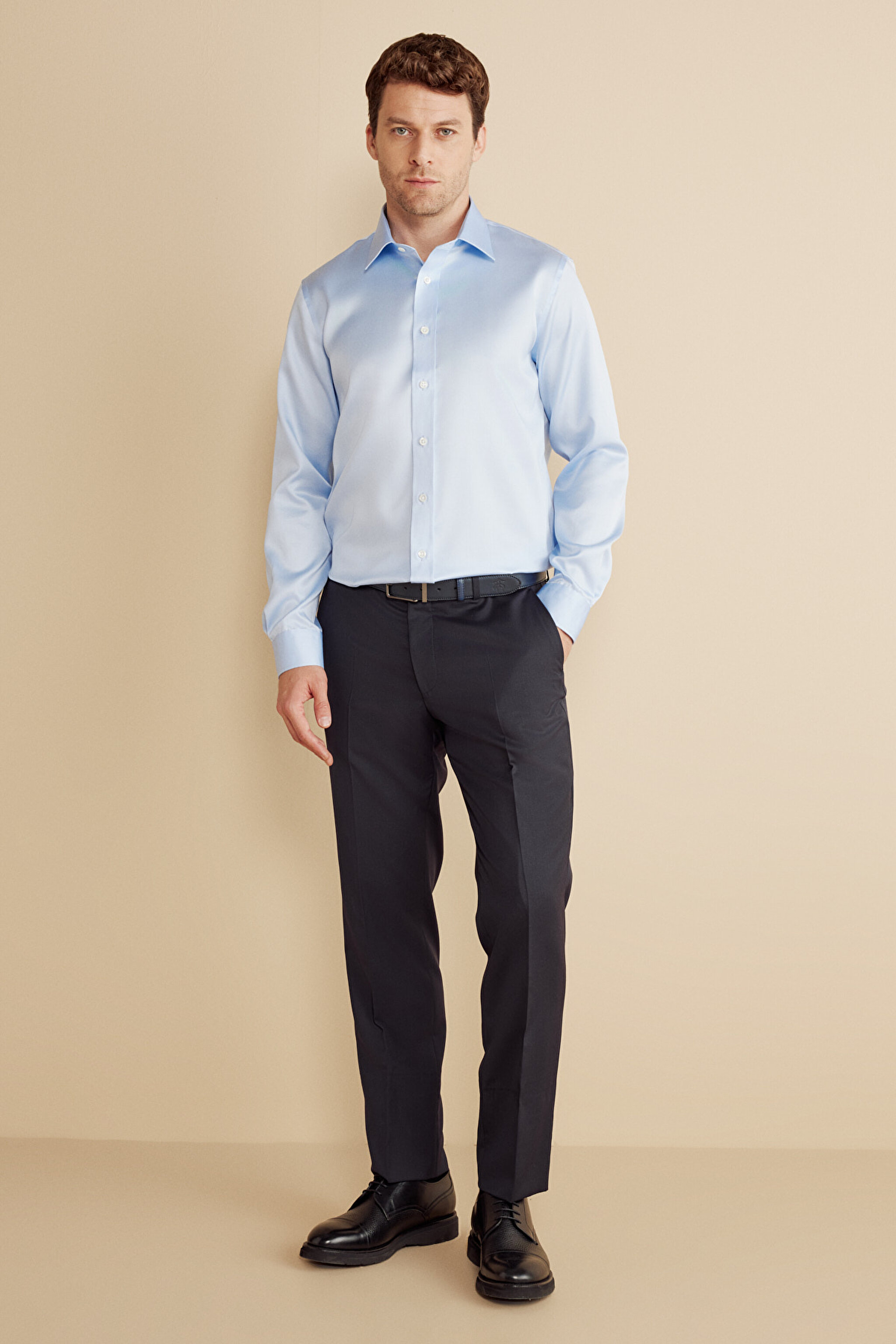 %100 Pamuk  Klasik Yaka Slim Fit Saten Non Iron Gömlek - Mavi (görsel 3)