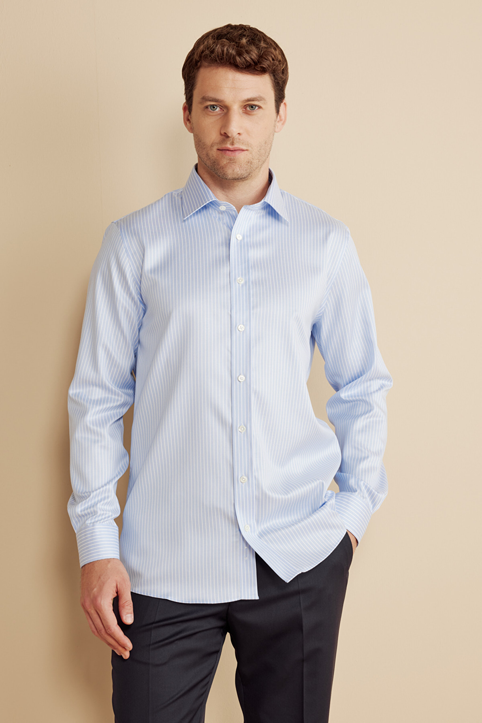 %100  Pamuk  Klasik Yaka Slim Fit Çizgili Non Iron Gömlek - Mavi-Beyaz (görsel 2)