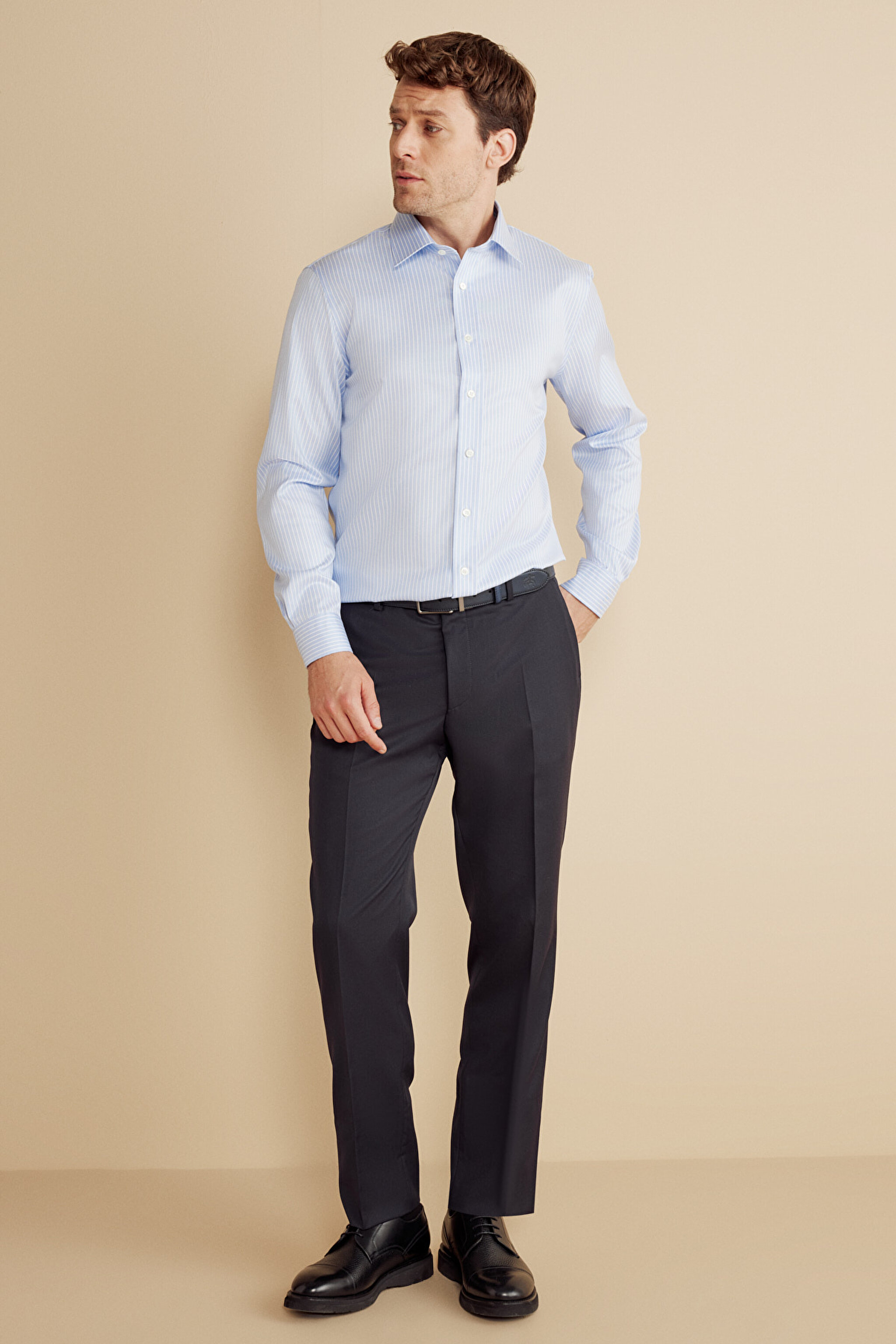 %100  Pamuk  Klasik Yaka Slim Fit Çizgili Non Iron Gömlek - Mavi-Beyaz (görsel 3)