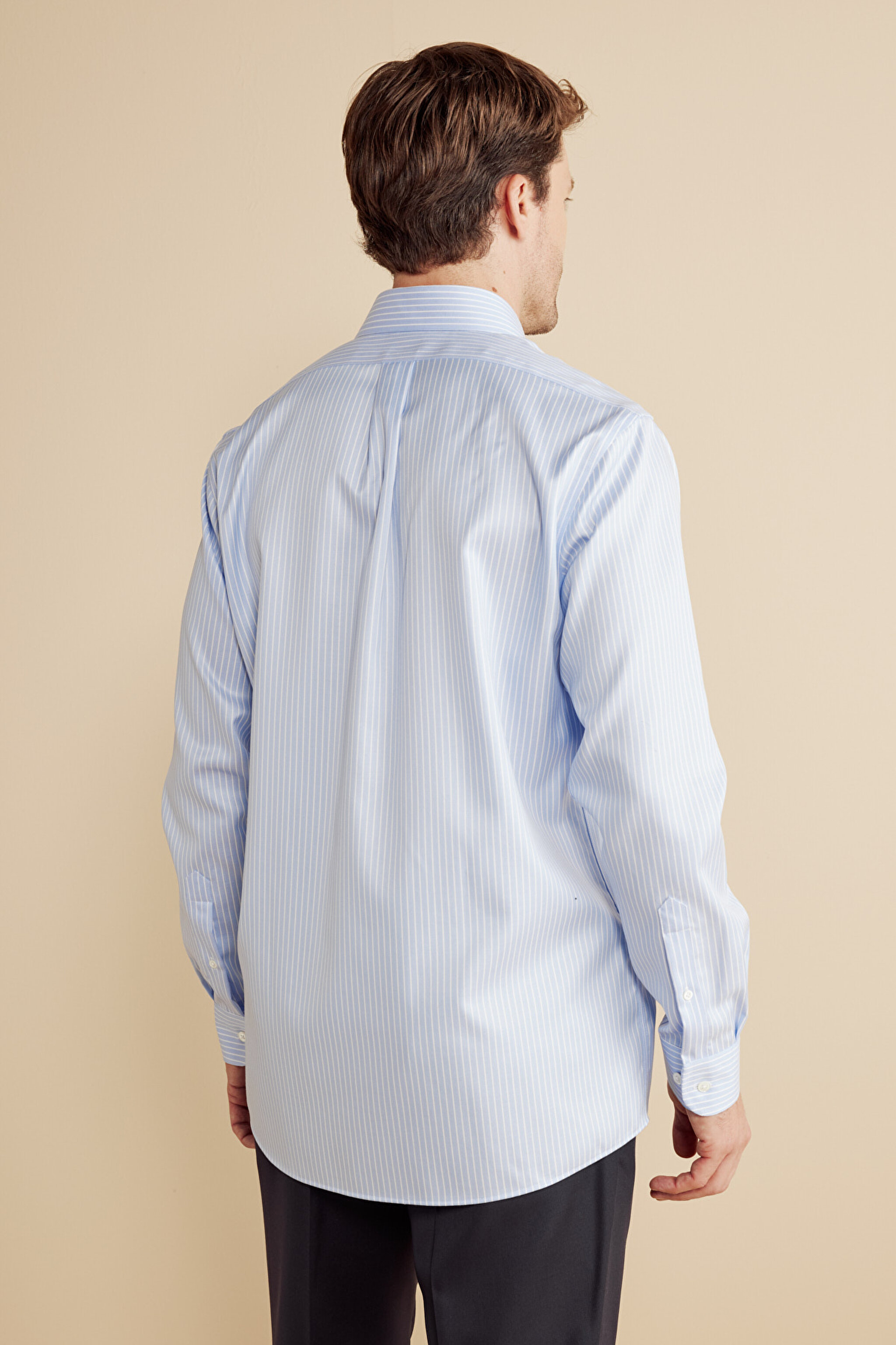 %100  Pamuk  Klasik Yaka Regular Fit Çizgili Non Iron Gömlek - Mavi-Beyaz (görsel 5)