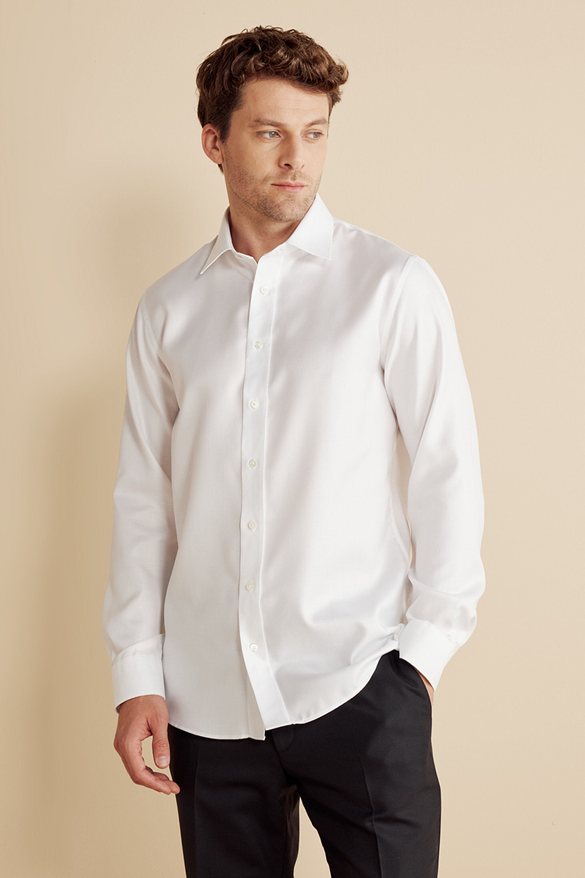 %100 Pamuk  Klasik Yaka Slim Fit Diagonal Non Iron Gömlek - Beyaz (görsel 2)