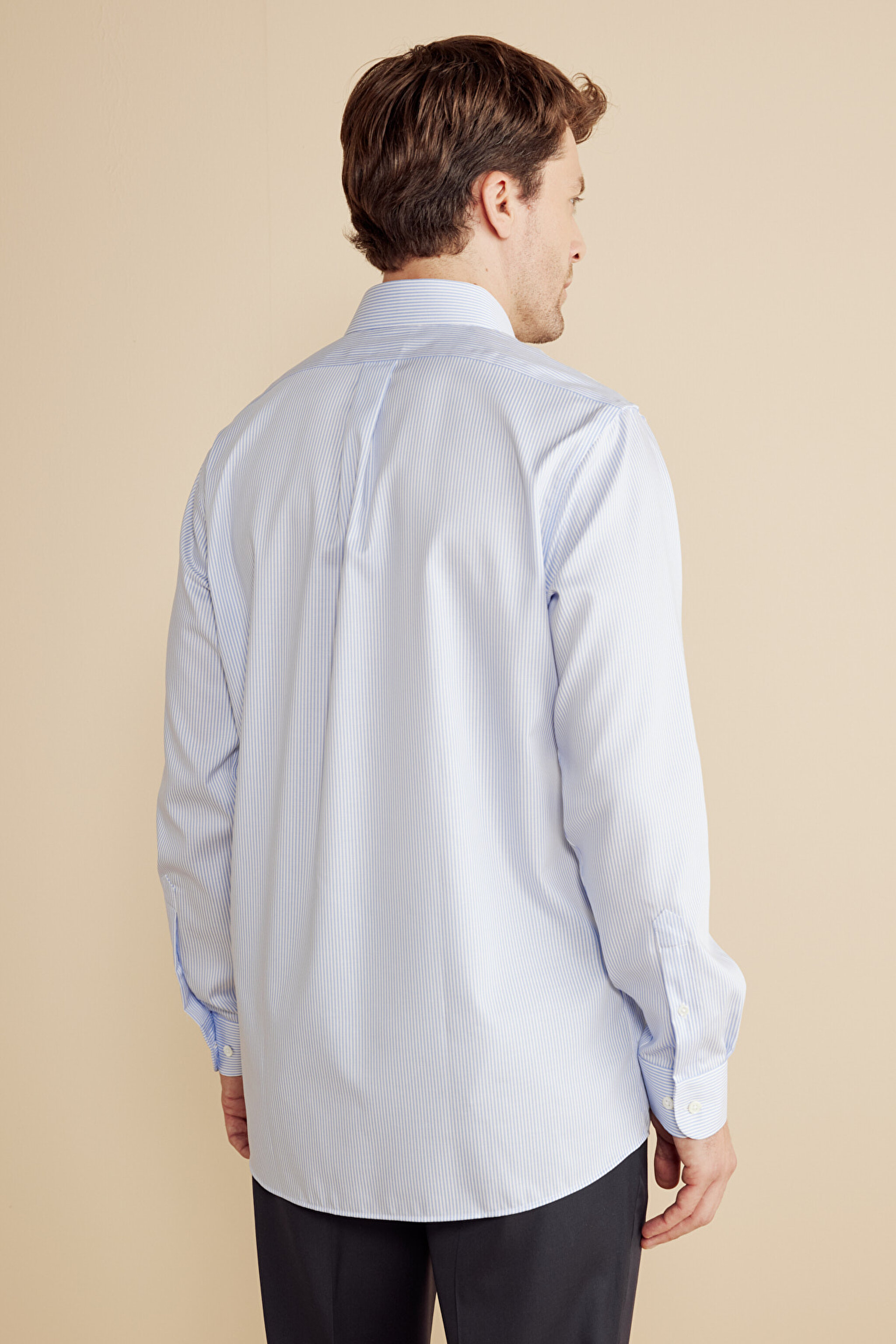 %100 Pamuk  Klasik Yaka Regular Fit Çizgili Non Iron Gömlek - Mavi-Beyaz (görsel 5)