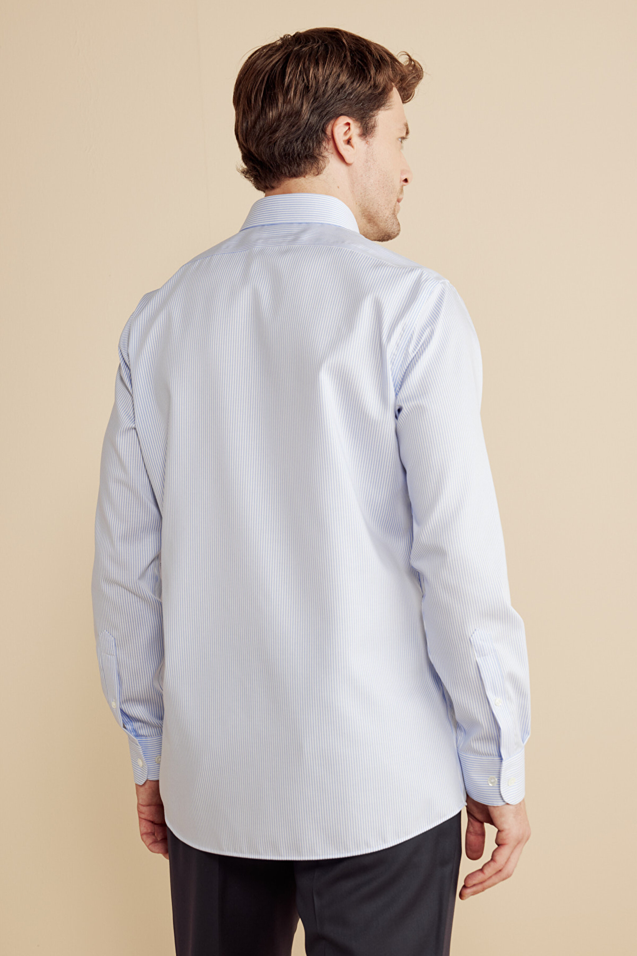 %100 Pamuk  İtalyan Yaka Slim Fit Çizgili Non Iron Gömlek - Mavi-Beyaz (görsel 6)