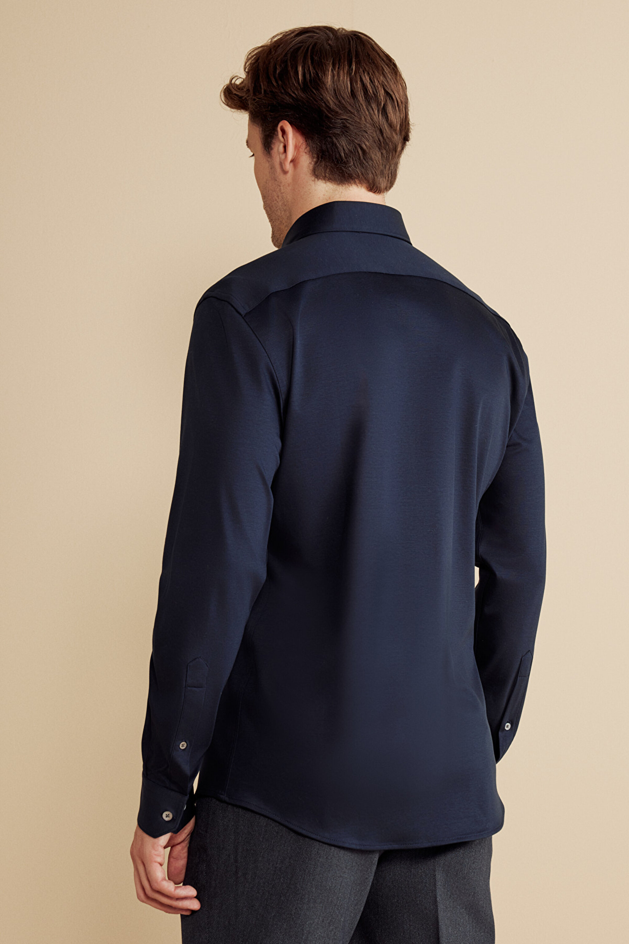 %100  Pamuk  İtalyan Yaka Slim Fit Örme Gömlek - Lacivert (görsel 5)