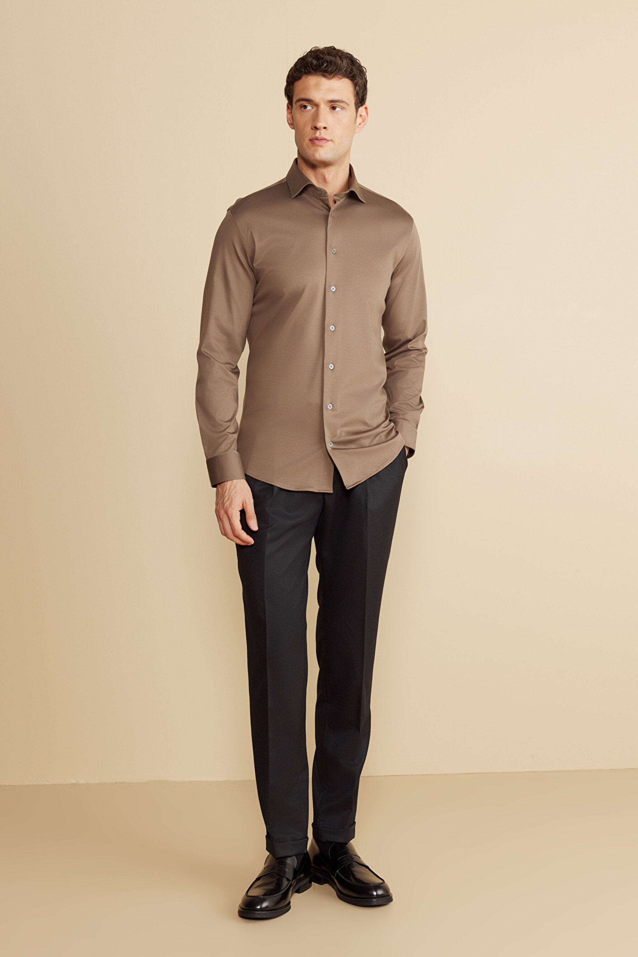 %100  Pamuk  İtalyan Yaka Slim Fit Örme Gömlek - Vizon (görsel 3)