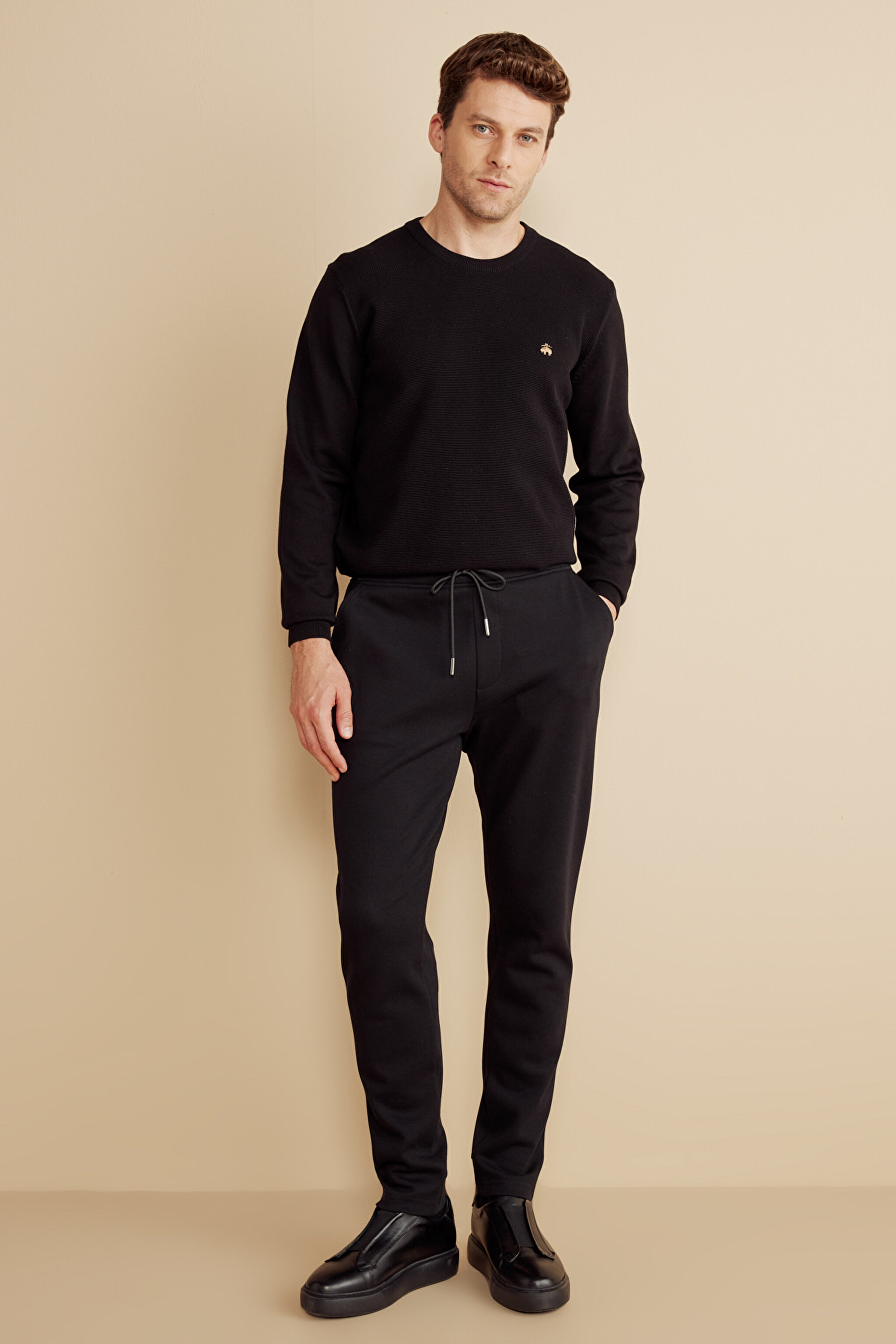 Pamuk Karışımlı Pike Örgü Beli Lastikli Sweatpant - Siyah