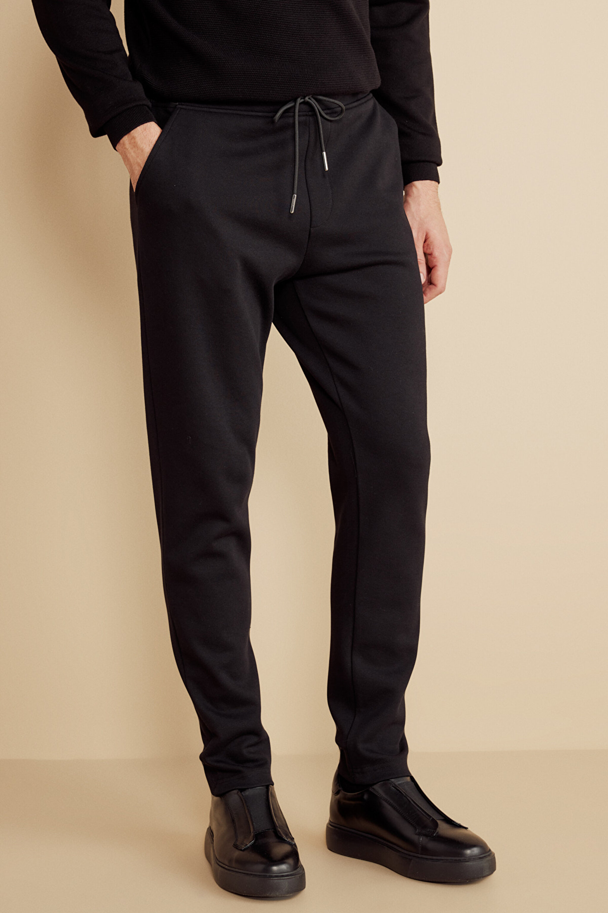 Pamuk Karışımlı Pike Örgü Beli Lastikli Sweatpant - Siyah (görsel 2)