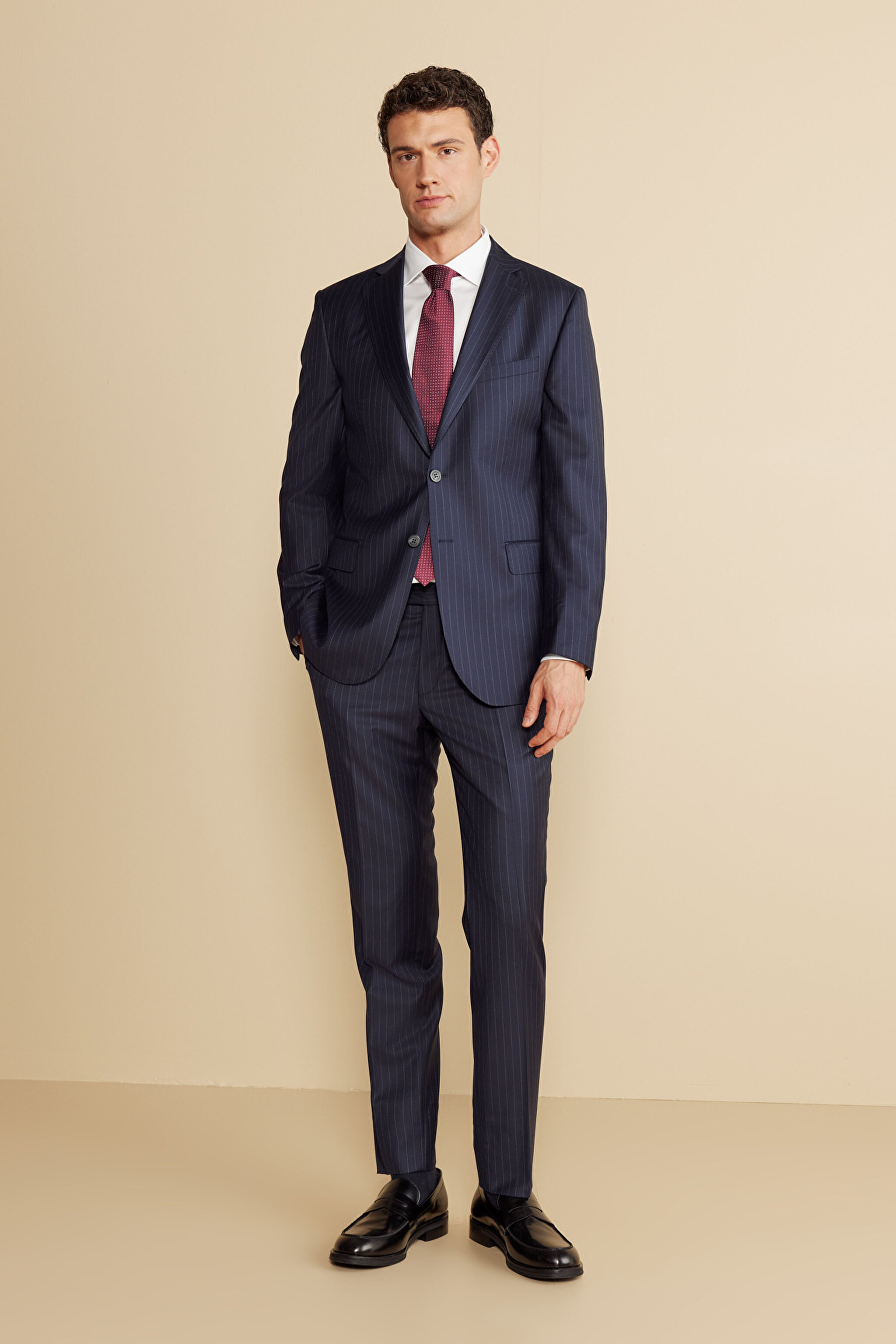 %100 Yün Mono Yaka Kapak Cep Slim Fit  Limited Edition Takım Elbise - Lacivert-Gri Çizgili (görsel 2)