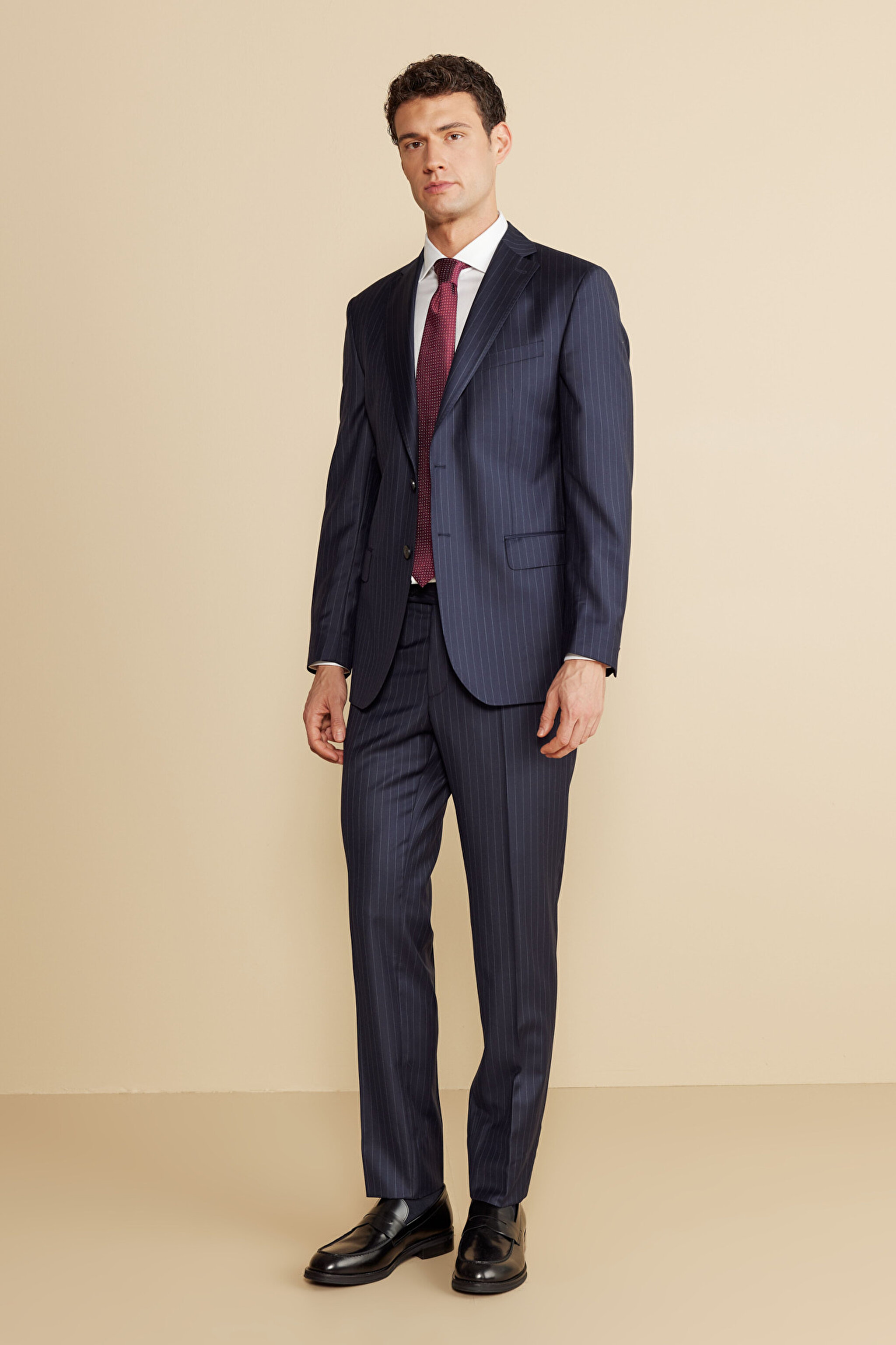%100 Yün Mono Yaka Kapak Cep Slim Fit  Limited Edition Takım Elbise - Lacivert-Gri Çizgili (görsel 3)