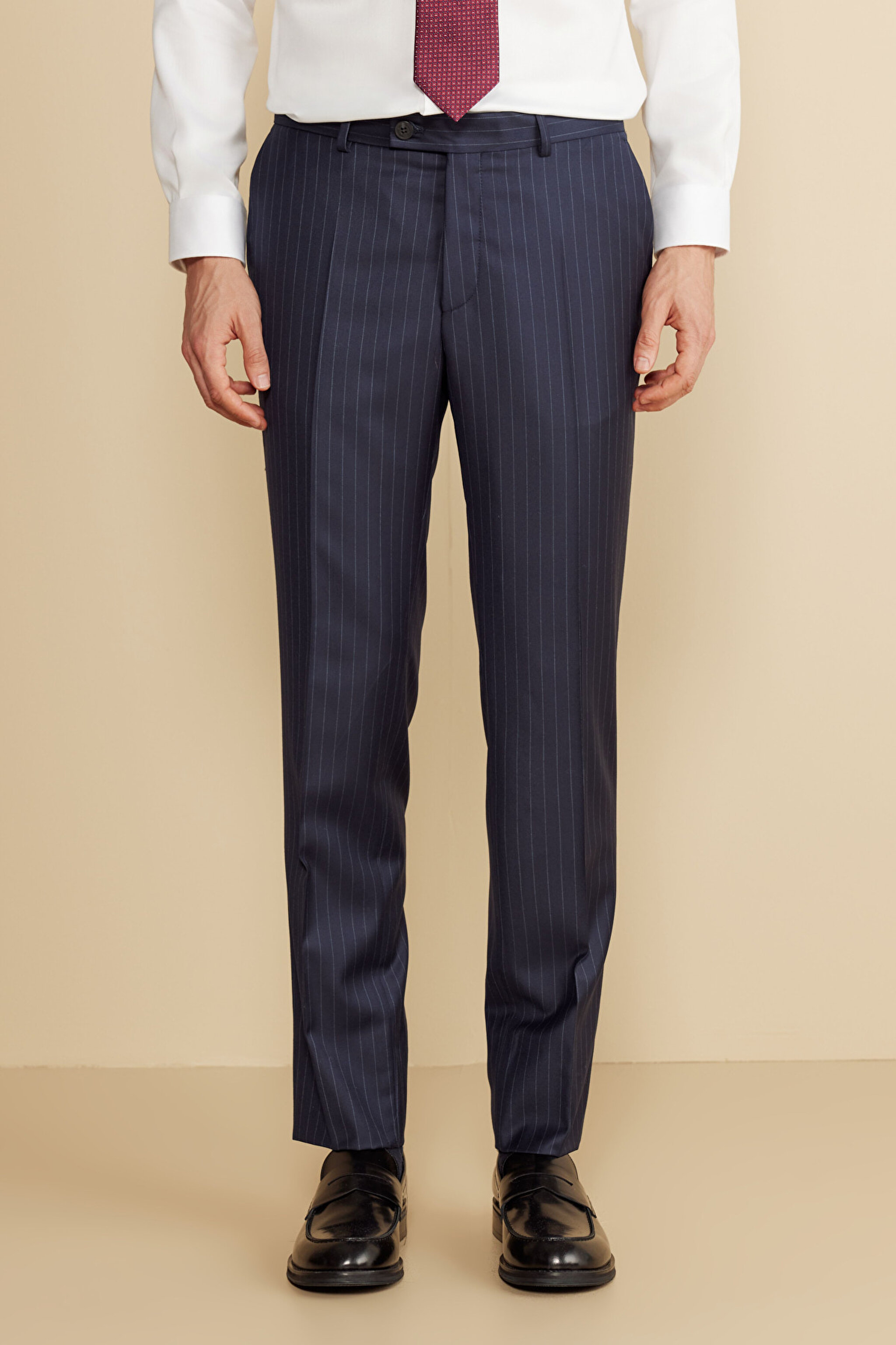 %100 Yün Mono Yaka Kapak Cep Slim Fit  Limited Edition Takım Elbise - Lacivert-Gri Çizgili (görsel 5)