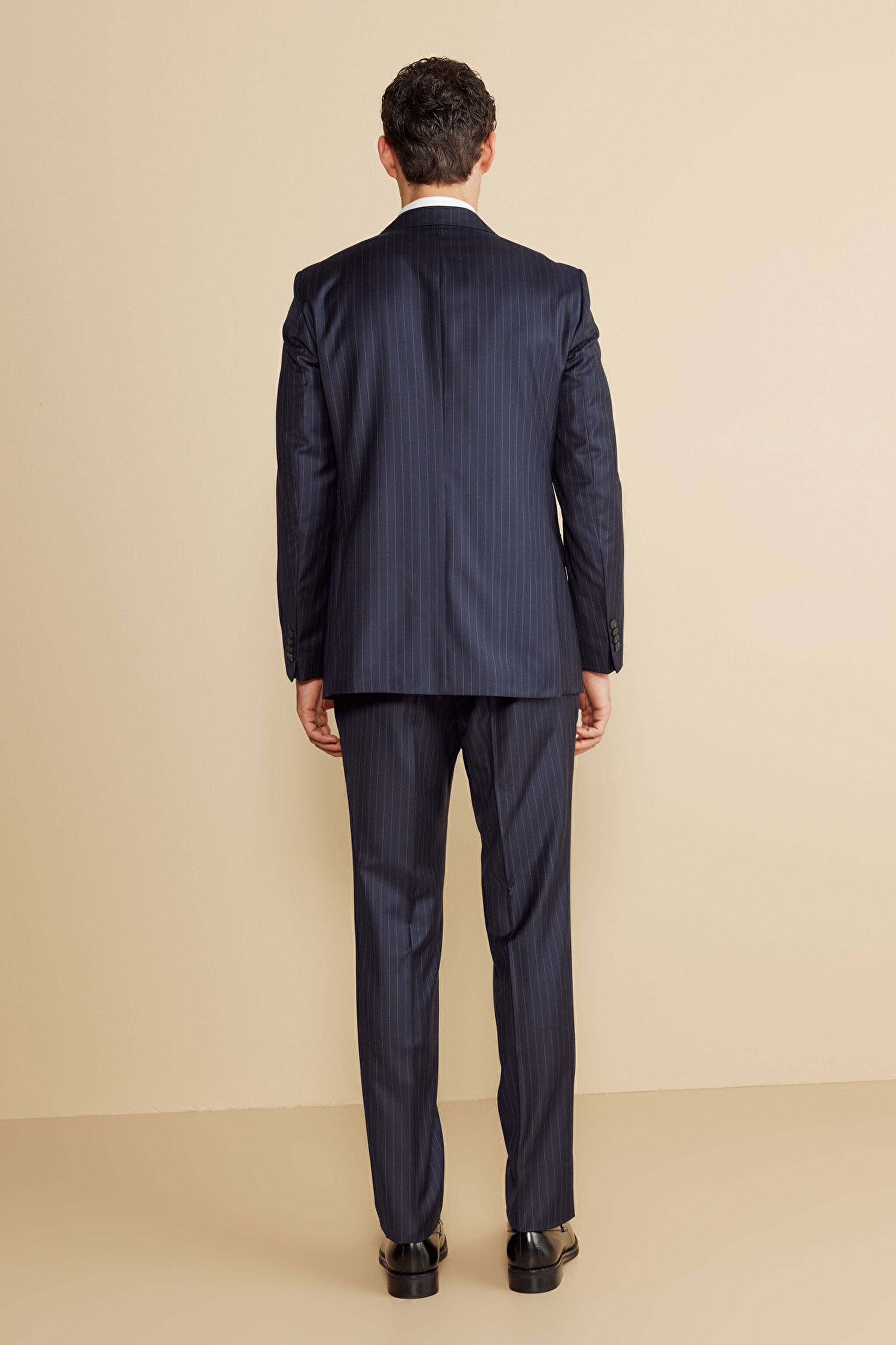 %100 Yün Mono Yaka Kapak Cep Slim Fit  Limited Edition Takım Elbise - Lacivert-Gri Çizgili (görsel 6)