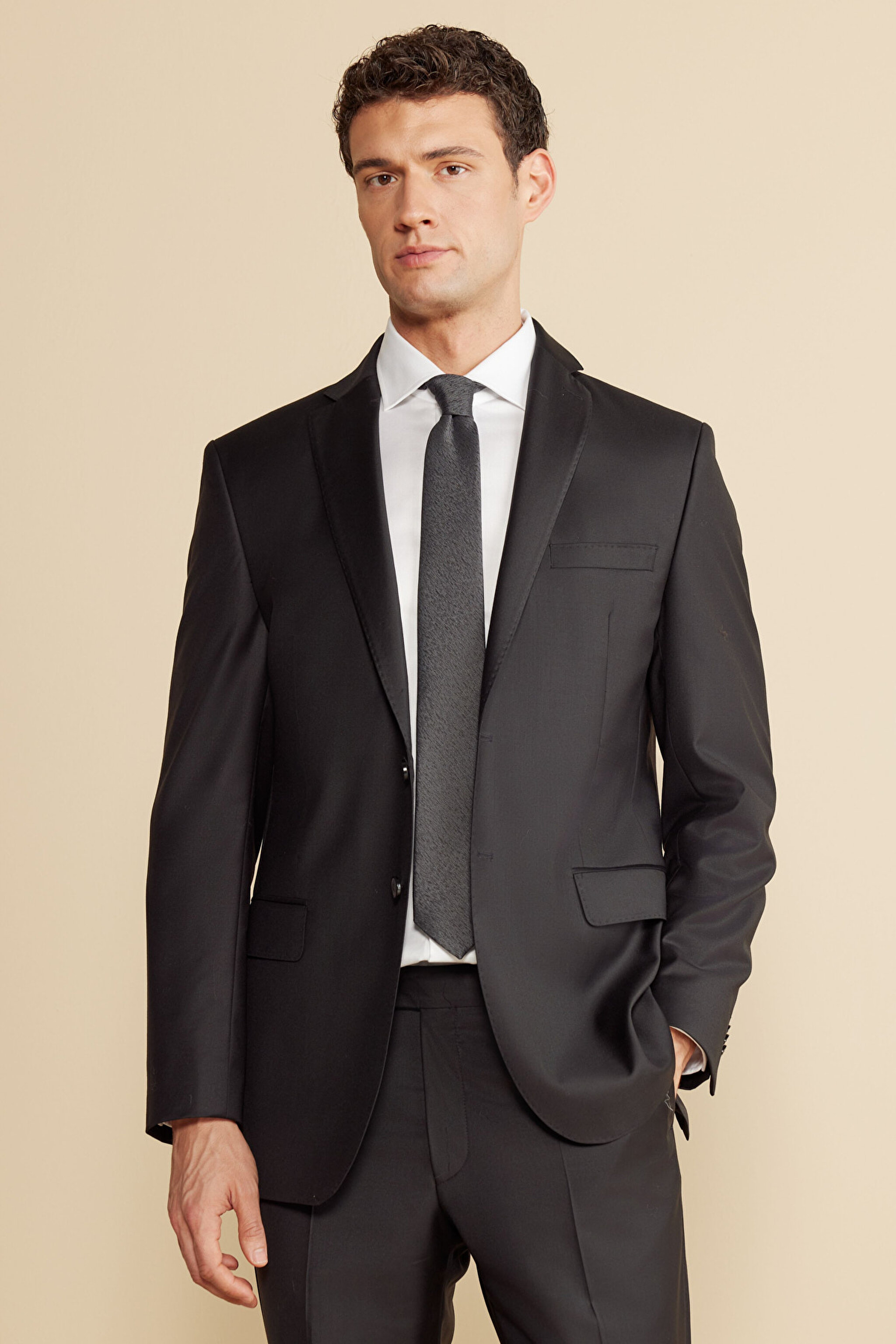 %100 Yün Mono Yaka Kapak Cep Slim Fit Limited Edition  Takım Elbise - Siyah