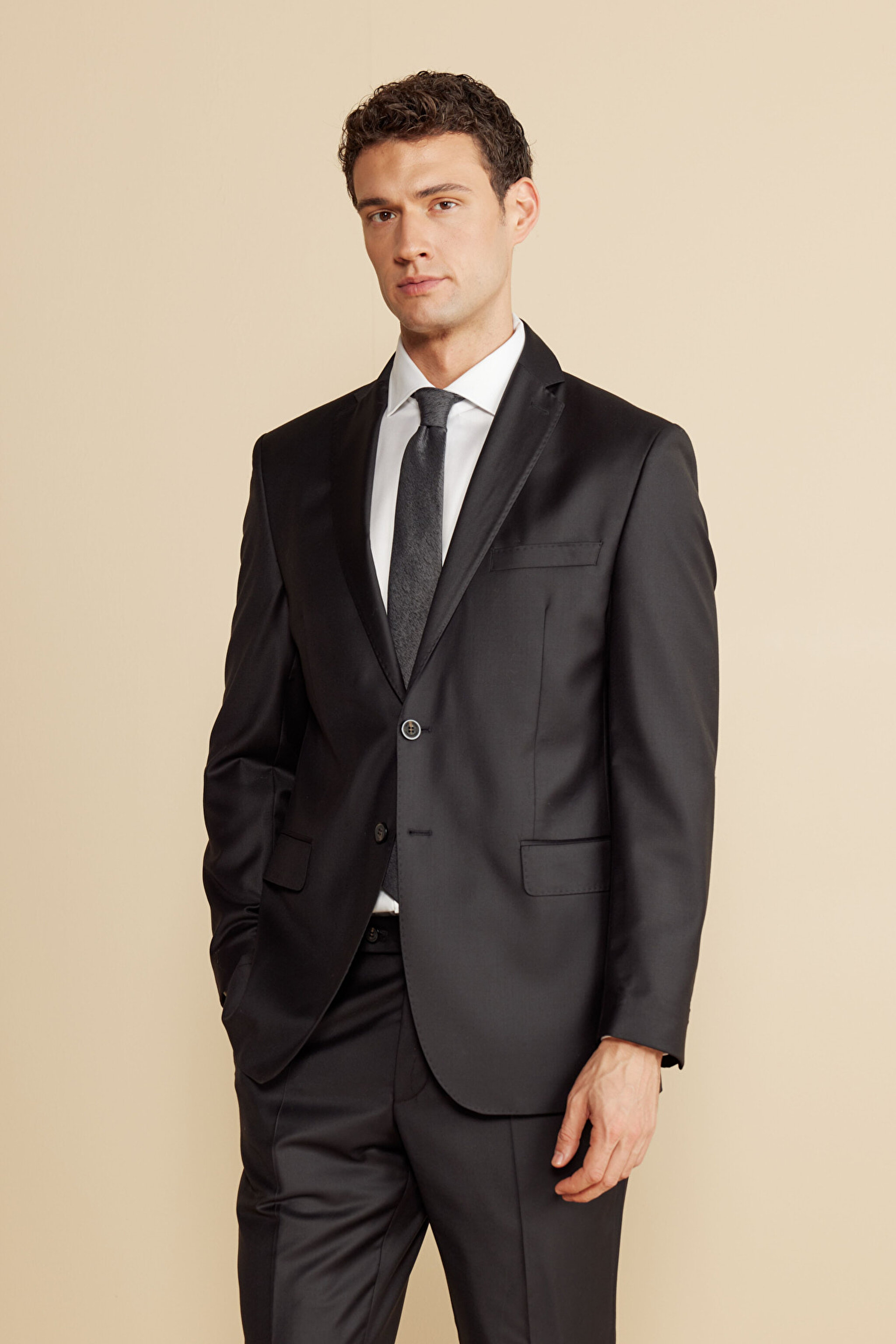 %100 Yün Mono Yaka Kapak Cep Slim Fit Limited Edition  Takım Elbise - Siyah (görsel 2)