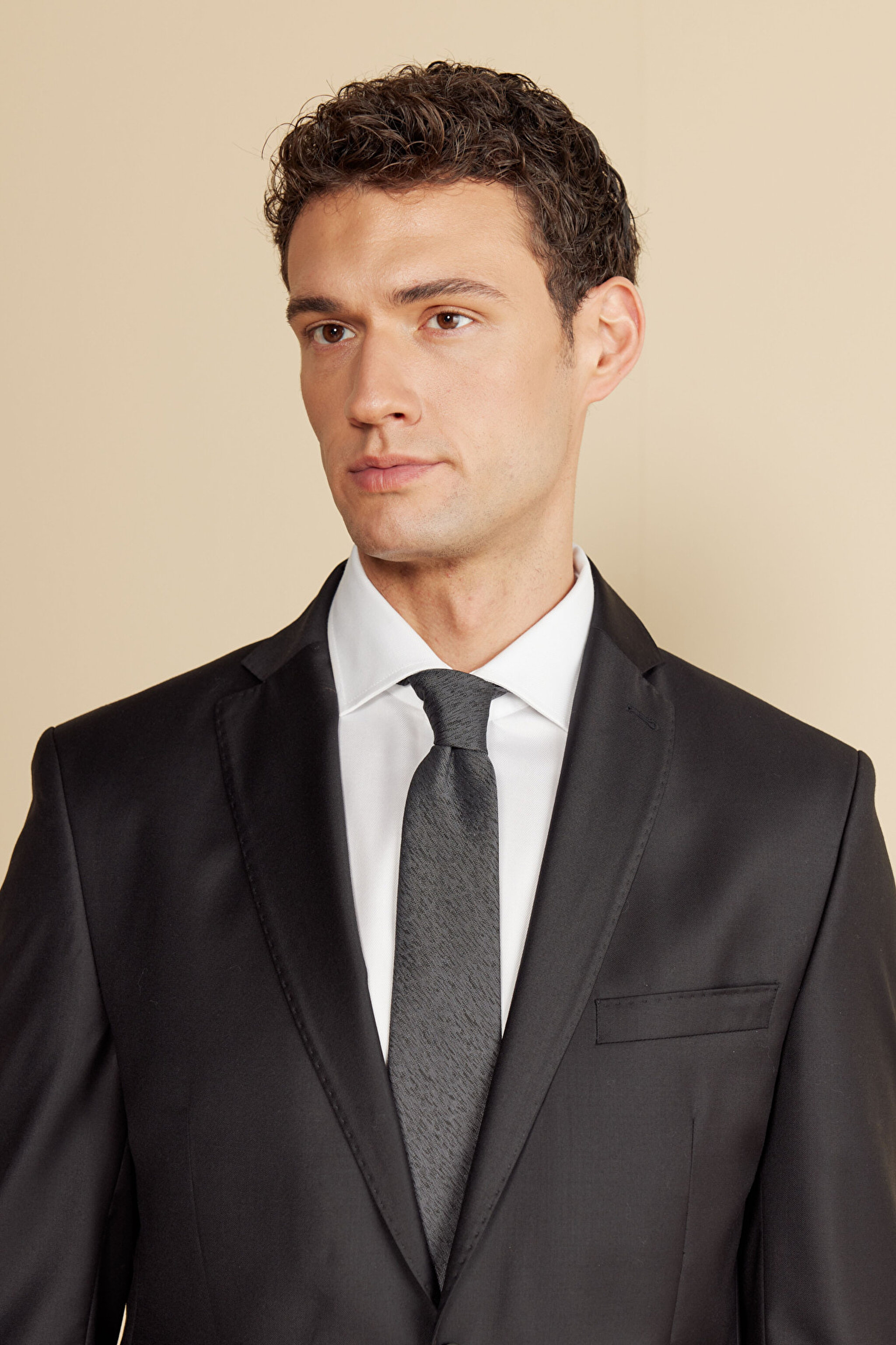%100 Yün Mono Yaka Kapak Cep Slim Fit Limited Edition  Takım Elbise - Siyah (görsel 4)