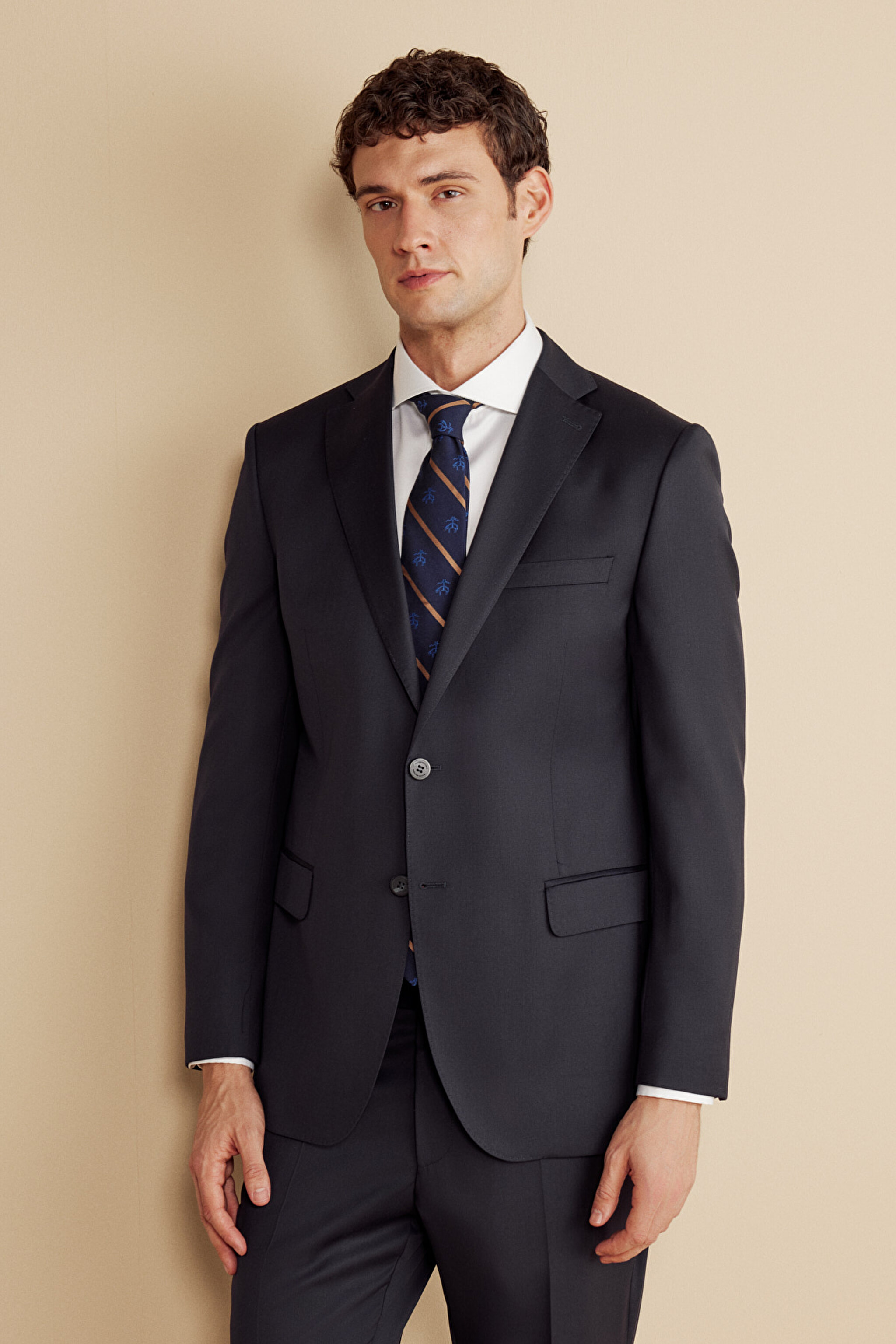 Yün Karışımlı Mono Yaka Kapak Cep Slim Fit Limited Edition İpek Takım Elbise - Lacivert