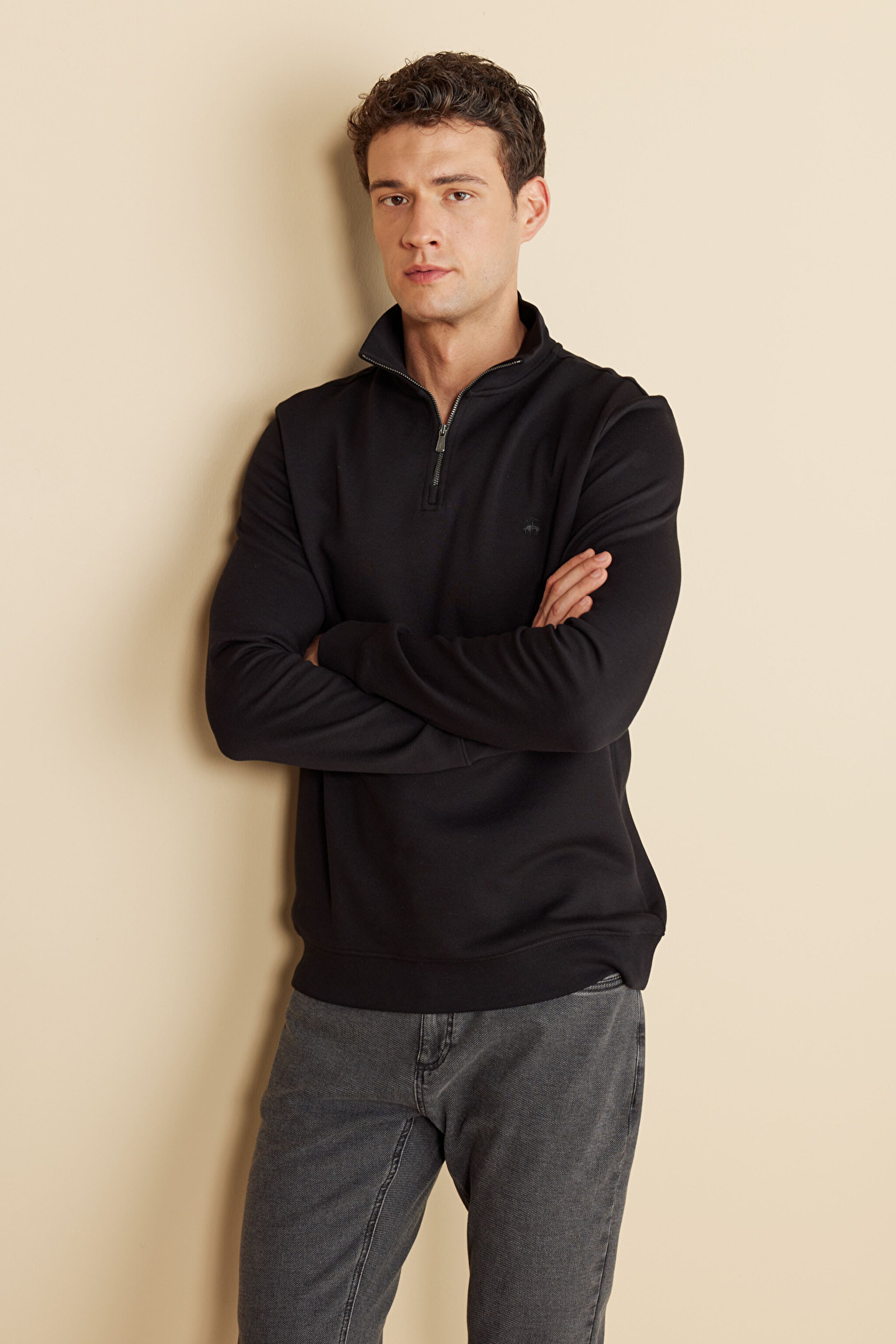 Pamuk Karışımlı Bato Yaka Pike Sweatshirt - Siyah (görsel 2)