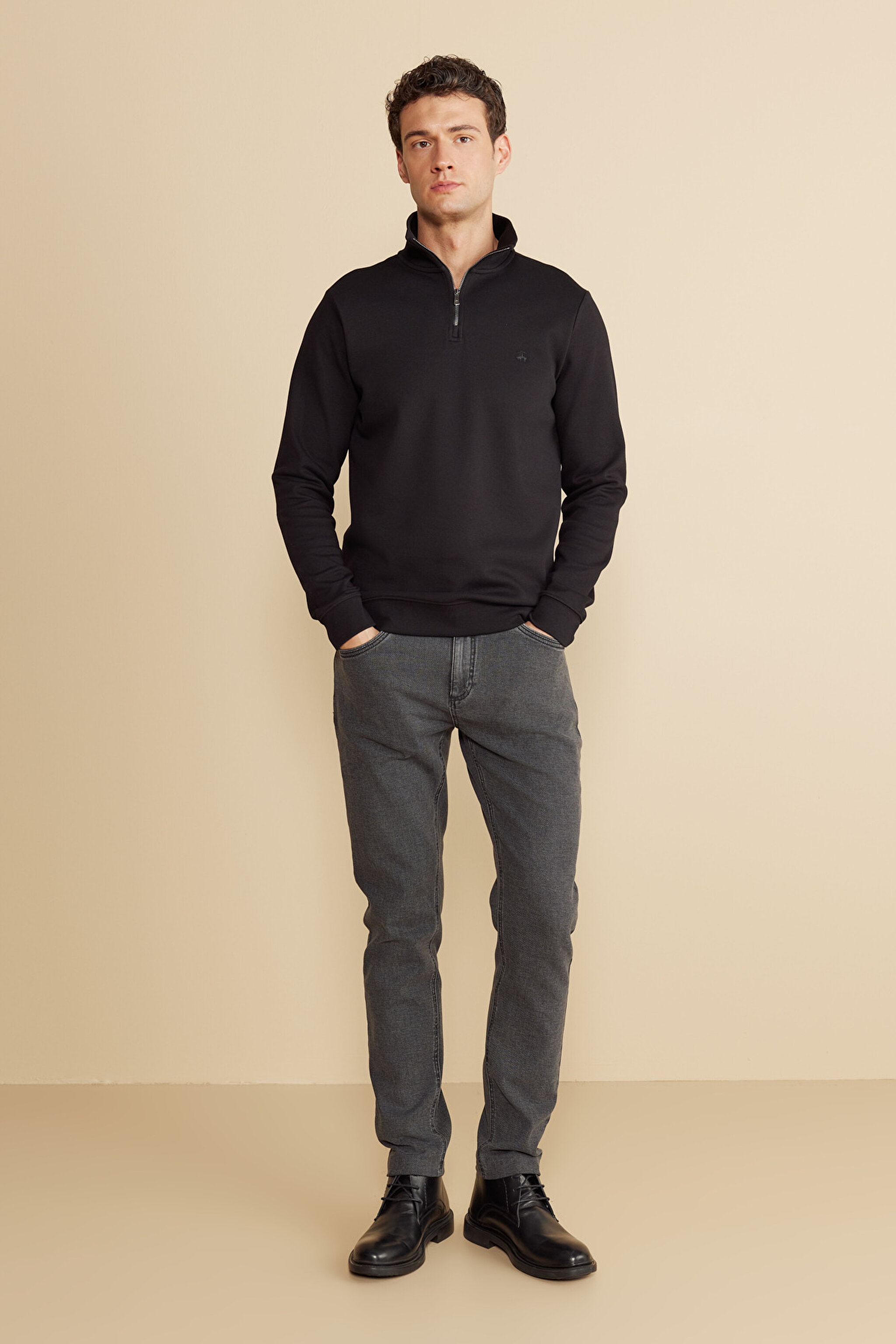 Pamuk Karışımlı Bato Yaka Pike Sweatshirt - Siyah (görsel 3)