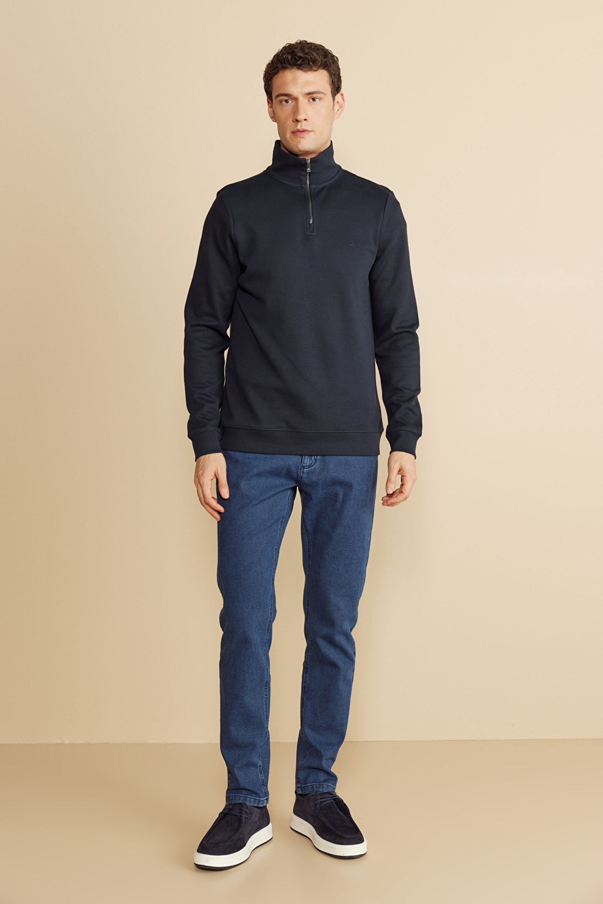 Pamuk Karışımlı Bato Yaka Pike Sweatshirt - Lacivert (görsel 3)
