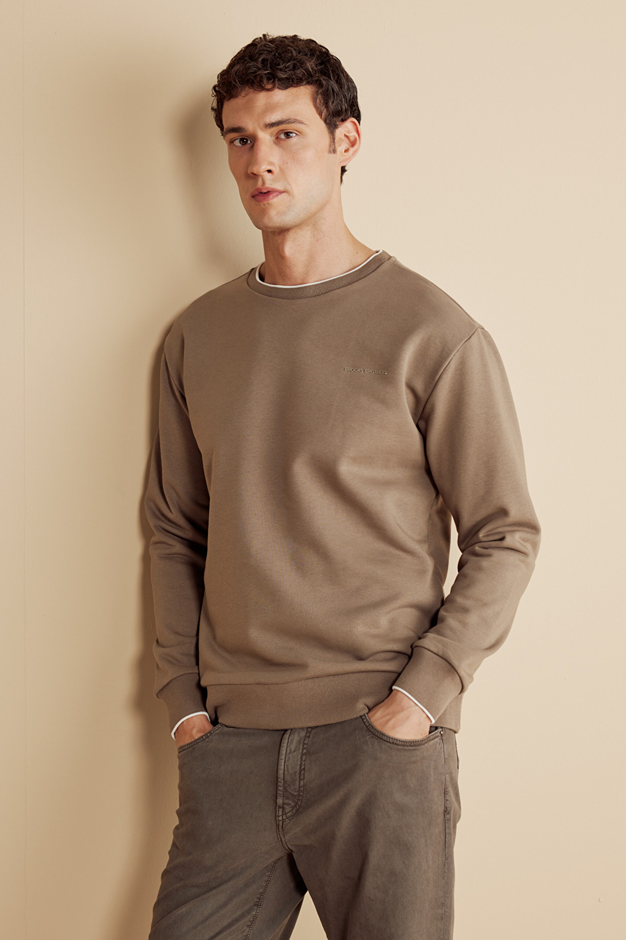 Pamuk Karışımlı Bisiklet  Yaka ve Kol Ucu Çizgi Detaylı Sweatshirt - Koyu Bej